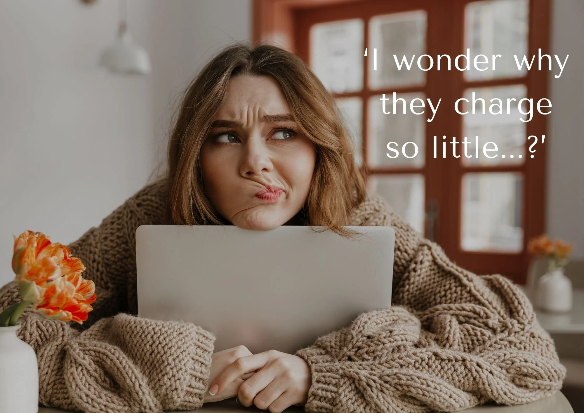 Woman with her arms around a laptop open on a table with a suspicious look on her face adn text saying 'I wonder why they charge so little...?'