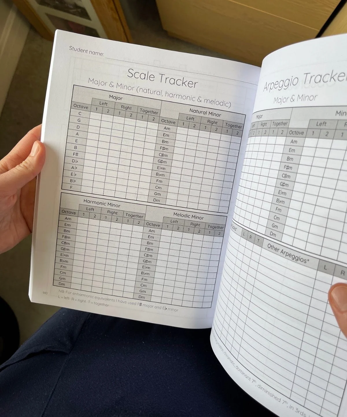 Scale tracker page showing four grids: major, natural minor, harmonic minor and melodic minor scales