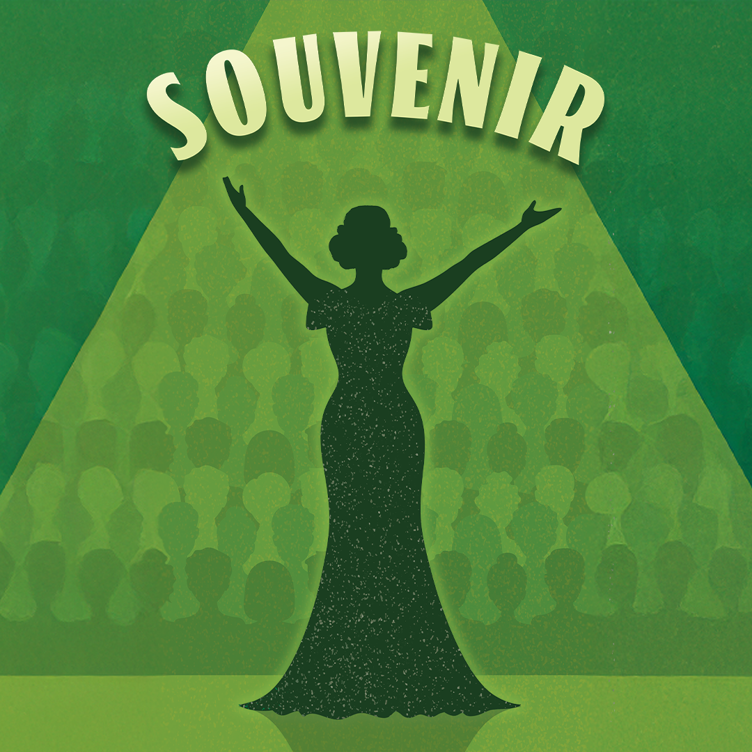 The graphic silhouette of a woman singing to a full audience with the word "Souvenir" arched above her head and outstretched arms.