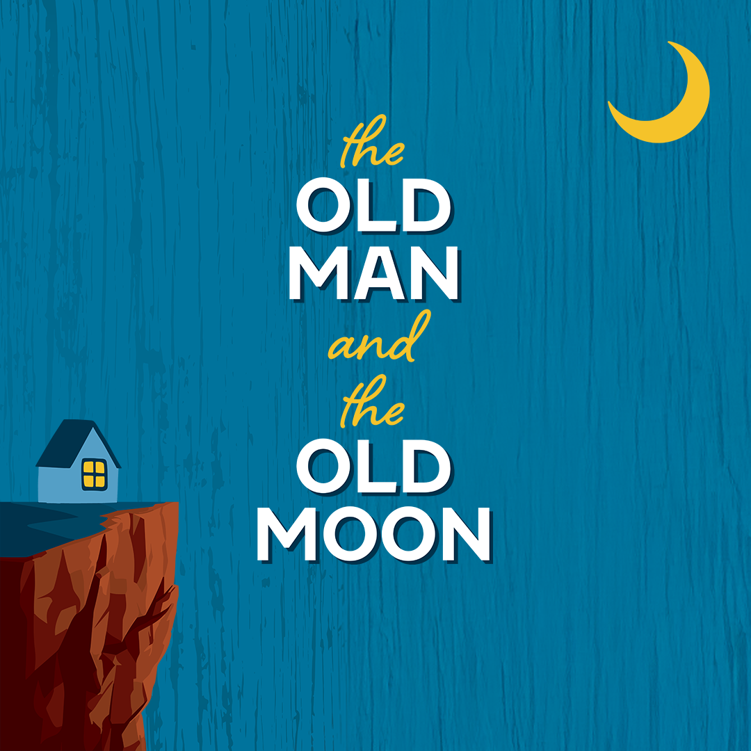 A graphic of a house on a cliff against a blue background. There is a half moon in the upper right corner.