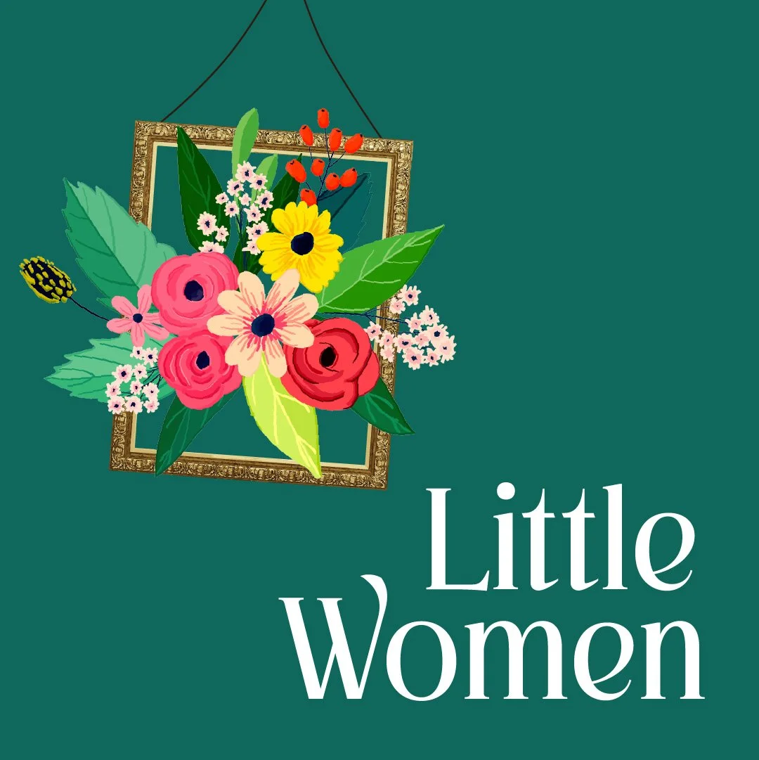 The text "Little Women" floats in large lettering in the bottom right corner and an illustration of a bright bouquet of flowers bursts through an open gilded picture frame, all set against a flat green background.