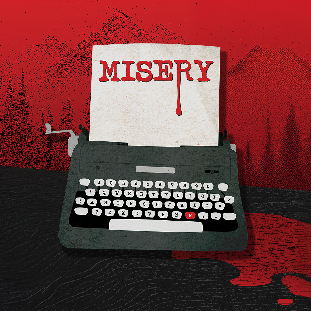 A graphic of a typewriter against a red, mountain covered background. The title "Misery" is written in red font with the "r" dripping like blood.