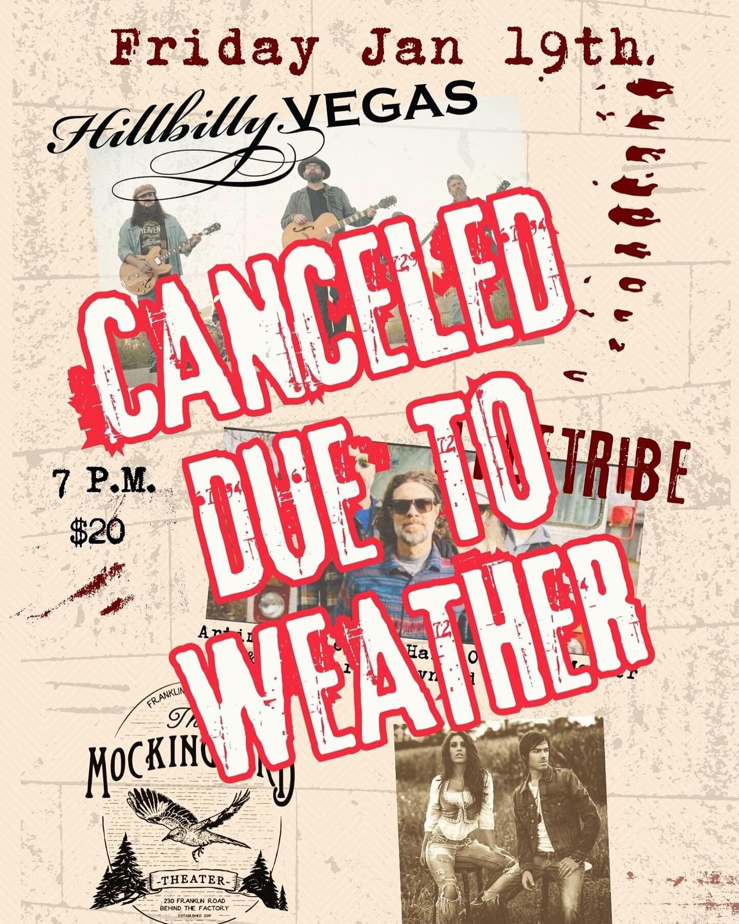 Hey y&rsquo;all, we have some very unfortunate news as we have to reschedule the Hillbilly Vegas, Pyletribe, &amp; Lovella show ONCE AGAIN. Unfortunately the weather has made travel very hard for the artists, and it is simply something not worth risk