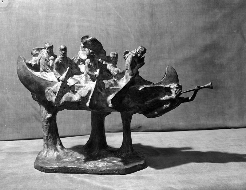 Sculpture «La chasse-galerie» par Alfred Laliberté, 1945. Archives nationales à Québec, fonds Ministère de la Culture et des Communications, série Office du film du Québec (E6, S7, SS1, D2, P29403). Photo : Neuville Bazin.