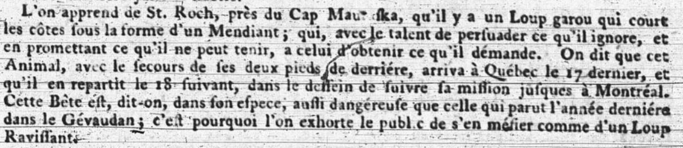 The Quebec gazette - La gazette de Québec, Québec, Brown & Gilmore, 21 juillet 1766, p. 3. Bibliothèque nationale (site Rosemont).