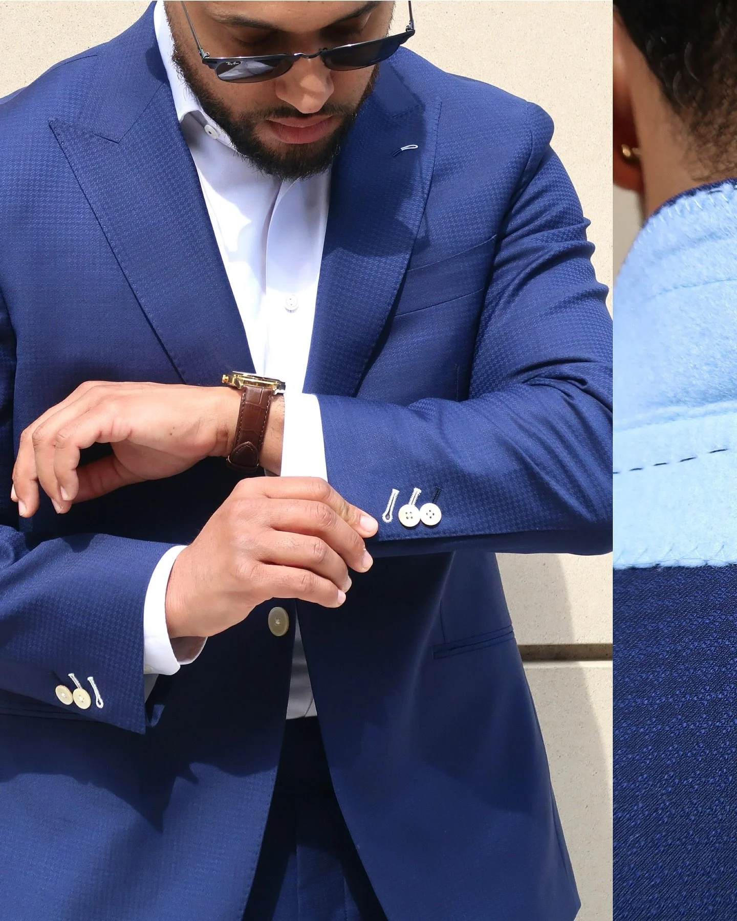 Details made to be noticed. Fit made to feel effortless 

🪡 Contrasting buttonhole colors on the sleeves for a subtle pop of personality 
🪡Two-toned buttonhole on the lapel for a refined accent 
🪡Strong peak lapels for a bold, structured silhouett