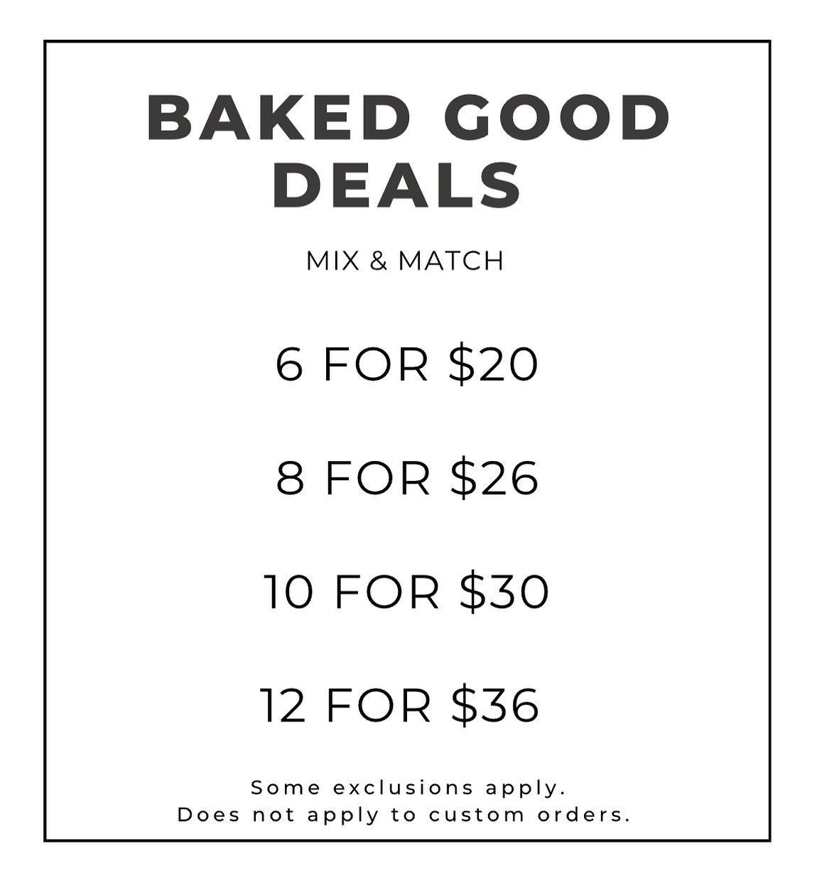📣 New Baked Good Deals!! 📣 &mdash; starting this week!

Please remember to bring cash or set us up for e-transfer cravingsbb@gmail.com

If paying by credit card a 4% processing fee will be added to your total. We know you like to get your points bu