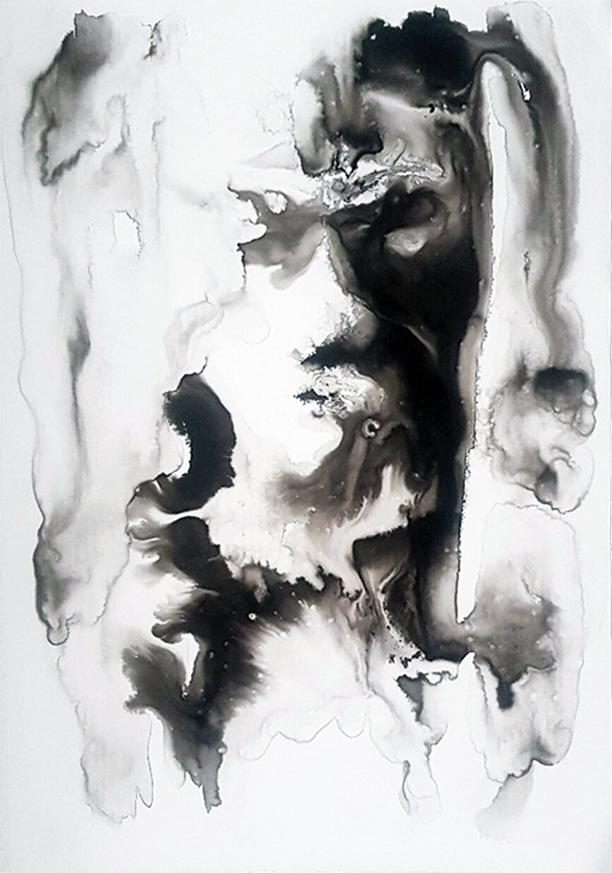 Verschwommene Schönheit, 2020 
Schellack, Tusche auf Steinpapier 
50 X 70 cm