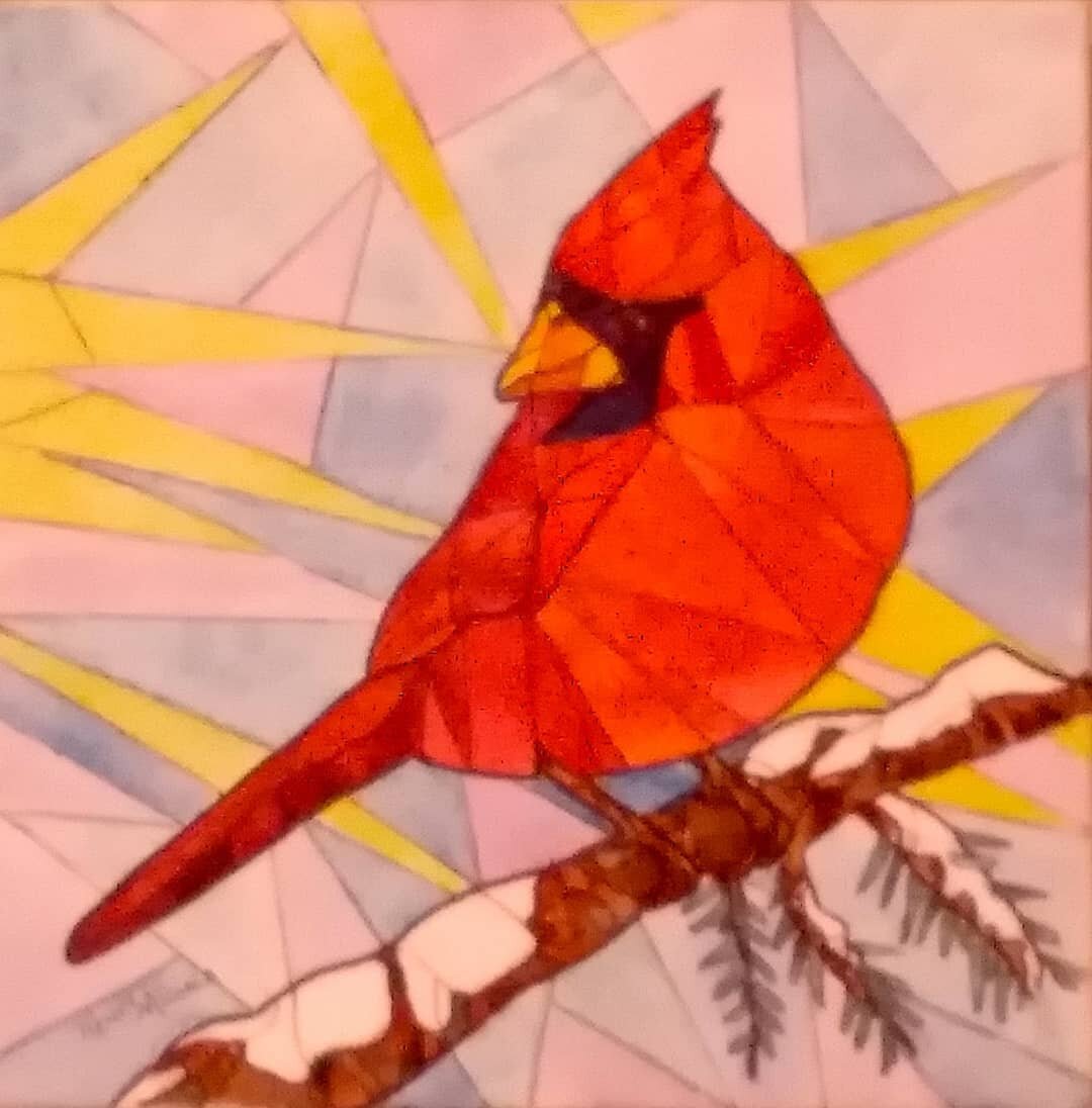 Still doing bird polygons! This one is WINTER CARDINAL, 12 X 12 watercolour on gallery canvas