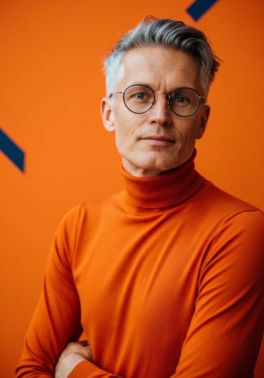 En man med glasögon, grått hår och en orange turtleneck mot en orange bakgrund.