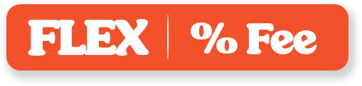 En orange bakgrund med texten 'FLEX % Fee' i vit och orange.