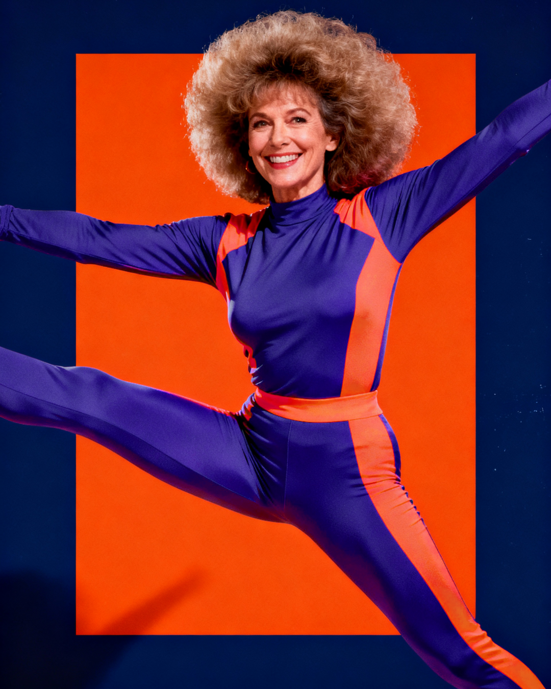 En glad kvinna i en färgglad träningsdräkt utför en yogapose framför en orange och blå bakgrund.