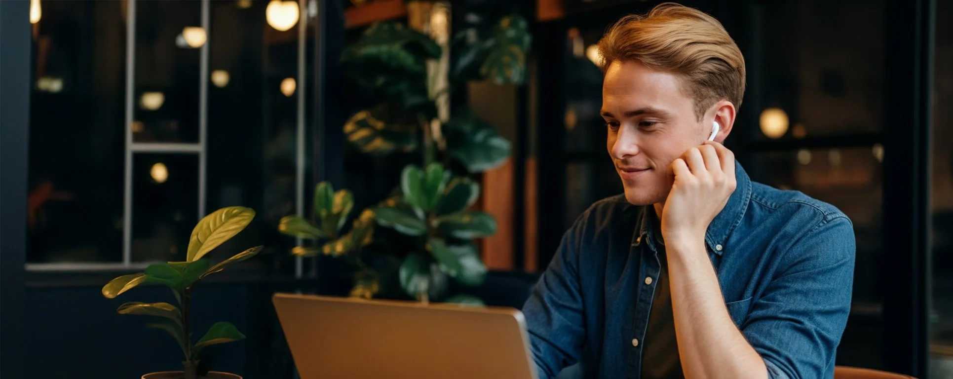 En ung man med blont hår som använder trådlösa hörlurar och sitter framför en laptop i ett modernt, mörkt inrett utrymme, omgiven av gröna växter.
