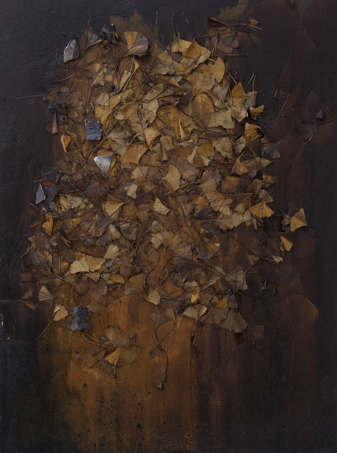 Ginkgo, 2024
Saggar fired porcelain, ginkgo leaves, plaster, oil paint on wood
48 × 36 in (121.9 × 91.4 cm)