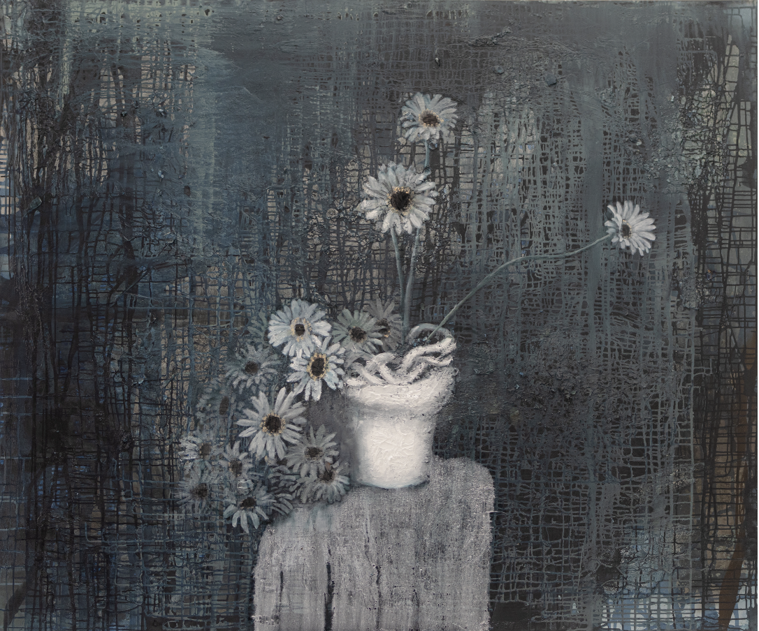 I’m Still Here, 2025
Porcelain, stoneware, eggshells, sand, plaster, glaze, acrylic, oil on canvas
60 x 72 in (152.4 × 182.9 cm)