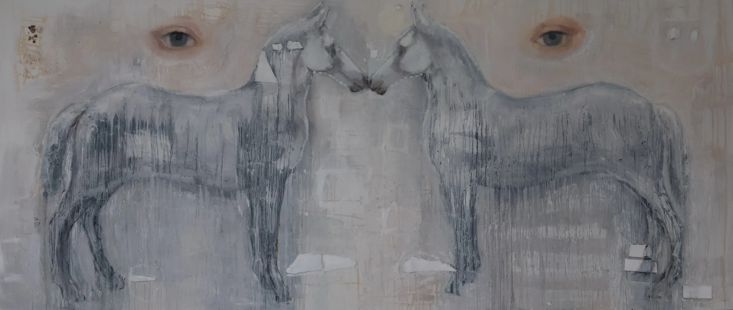 White Horses, 2025
Porcelain, stoneware, eggshells, plaster, glaze, oil on canvas
72 x 168 in (182.88 × 426.72 cm)