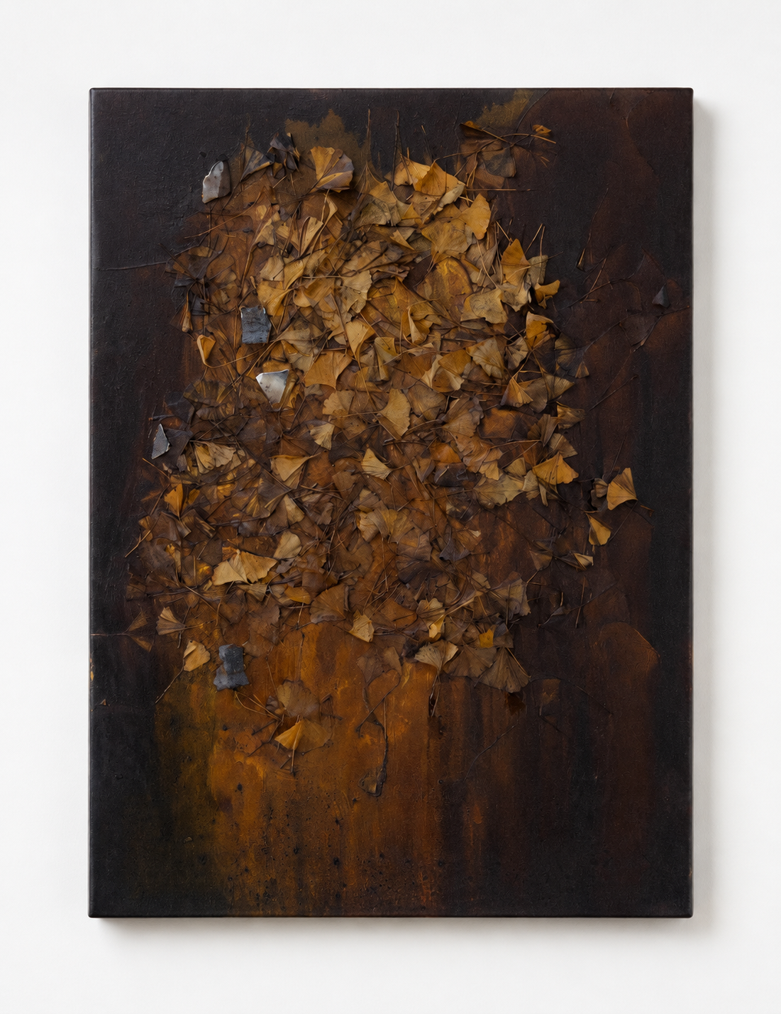 Ginkgo
Ginkgo leaves, saggar fired porcelain, oil, plaster on wood 
48 x 36 in (122 x 91 cm)
