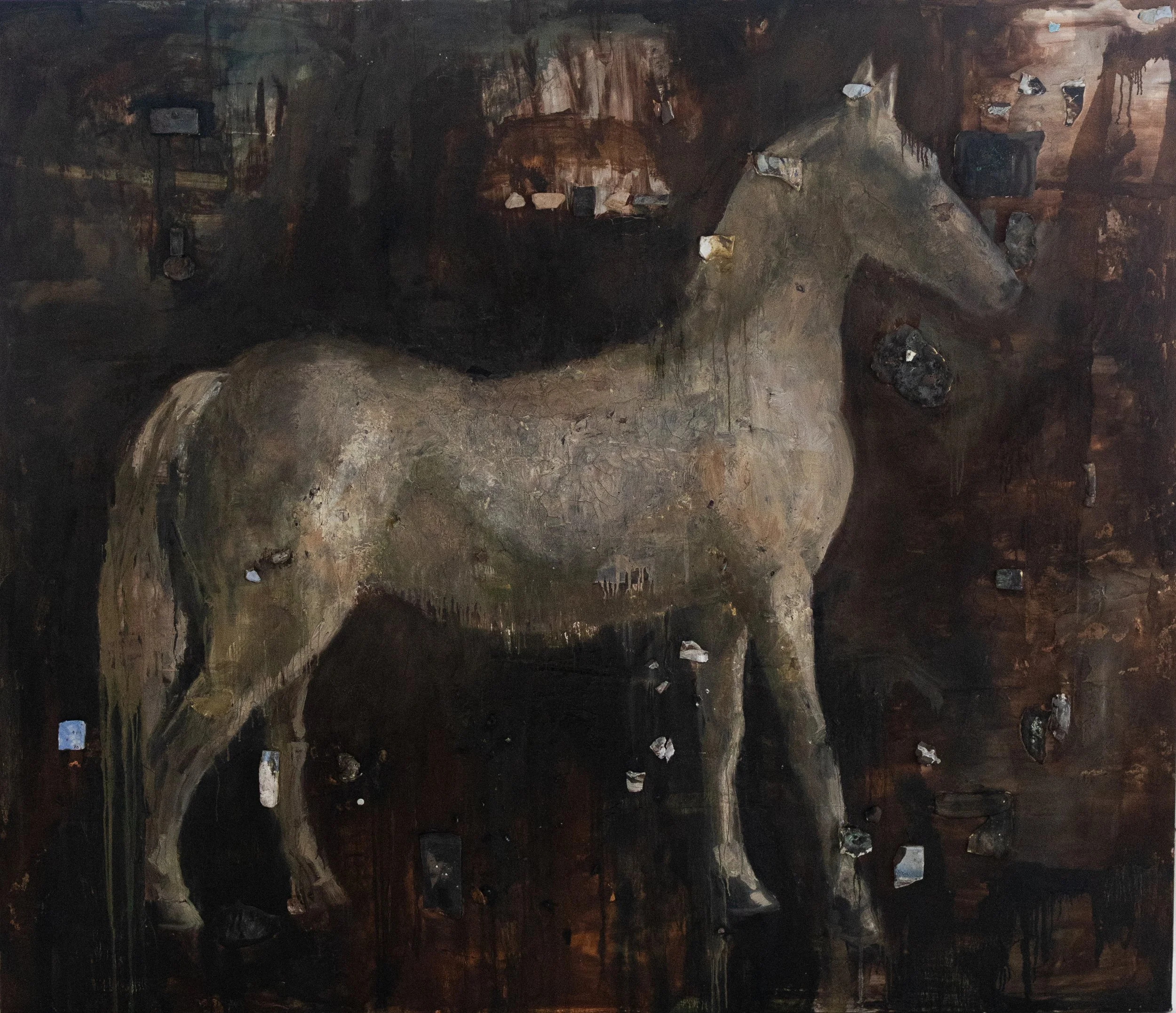 White Horse, 2025
Porcelain, stoneware, eggshells, plaster, rock, glaze, acrylic, oil on canvas
72 x 84 in (182.88 x 213.36 cm)