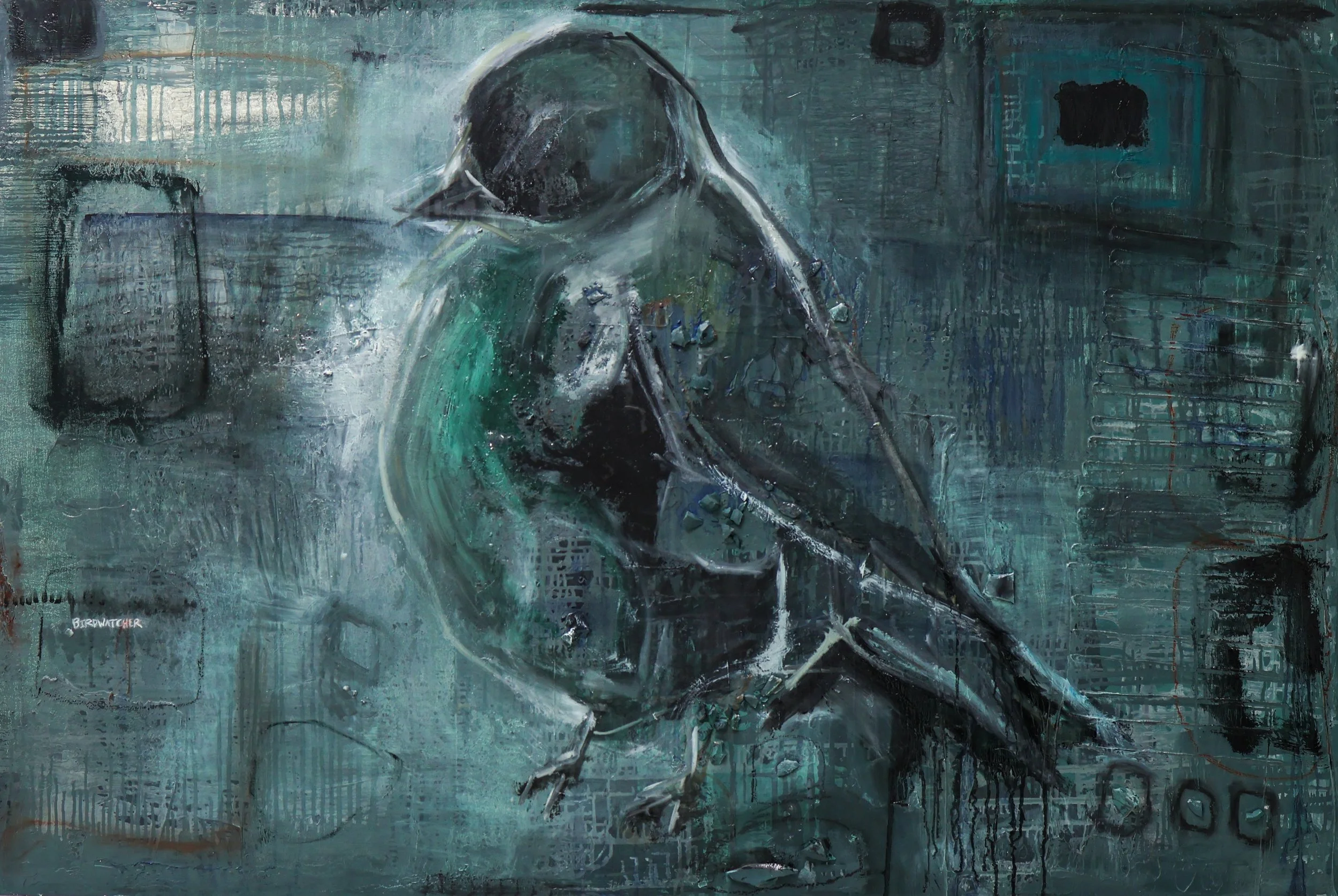 Birdwatcher, 2025
Porcelain, plaster, glaze, wax, acrylic, oil on canvas
48 x 60 in (121.9 x 152.4 cm)