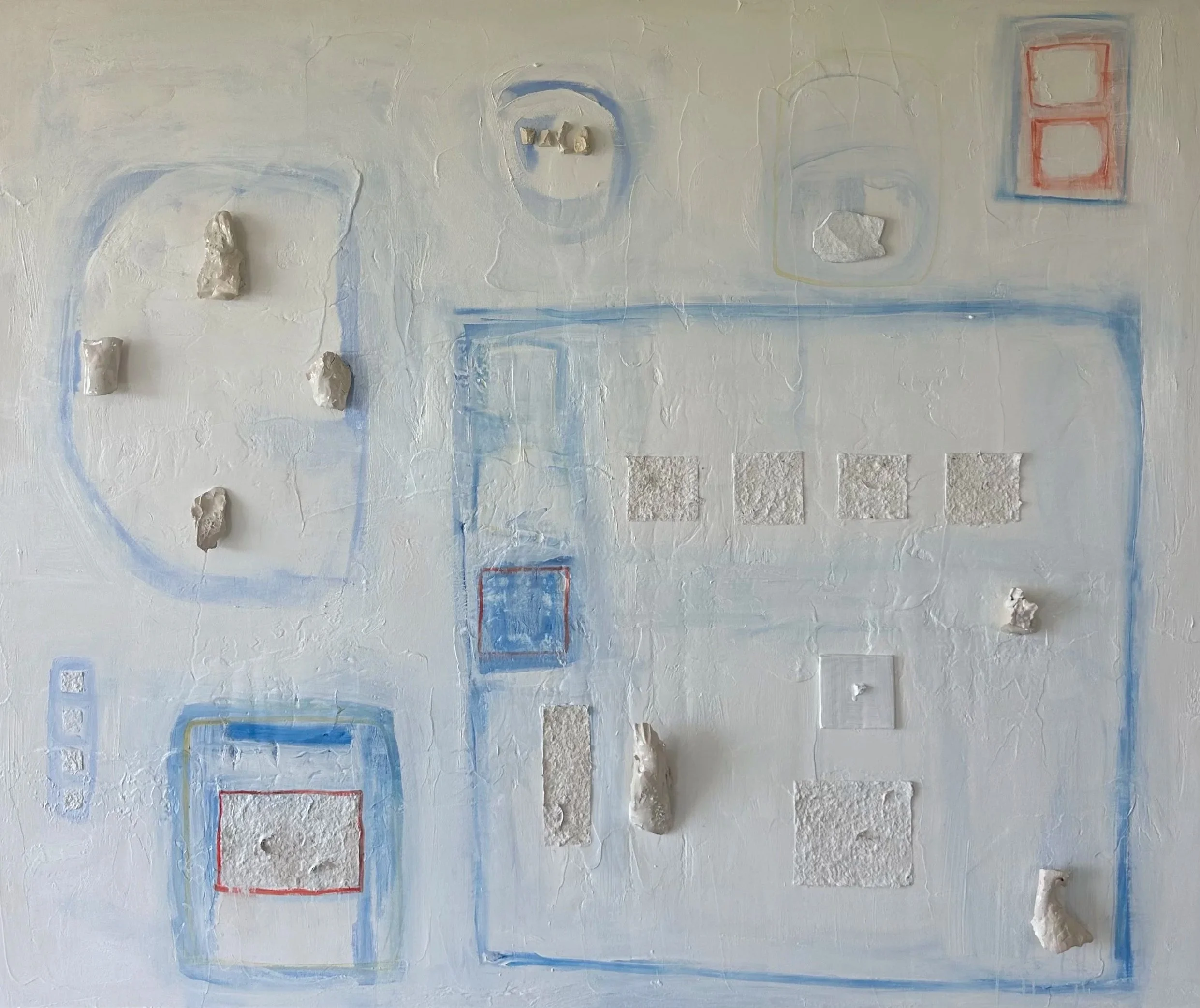 72 x 60 in (182.9 x 152.4 cm)
Stoneware, eggshells, plaster, glaze, quartz handmade paper from cotton, garlic root, shallot root and goose feathers, oil, acrylic on canvas