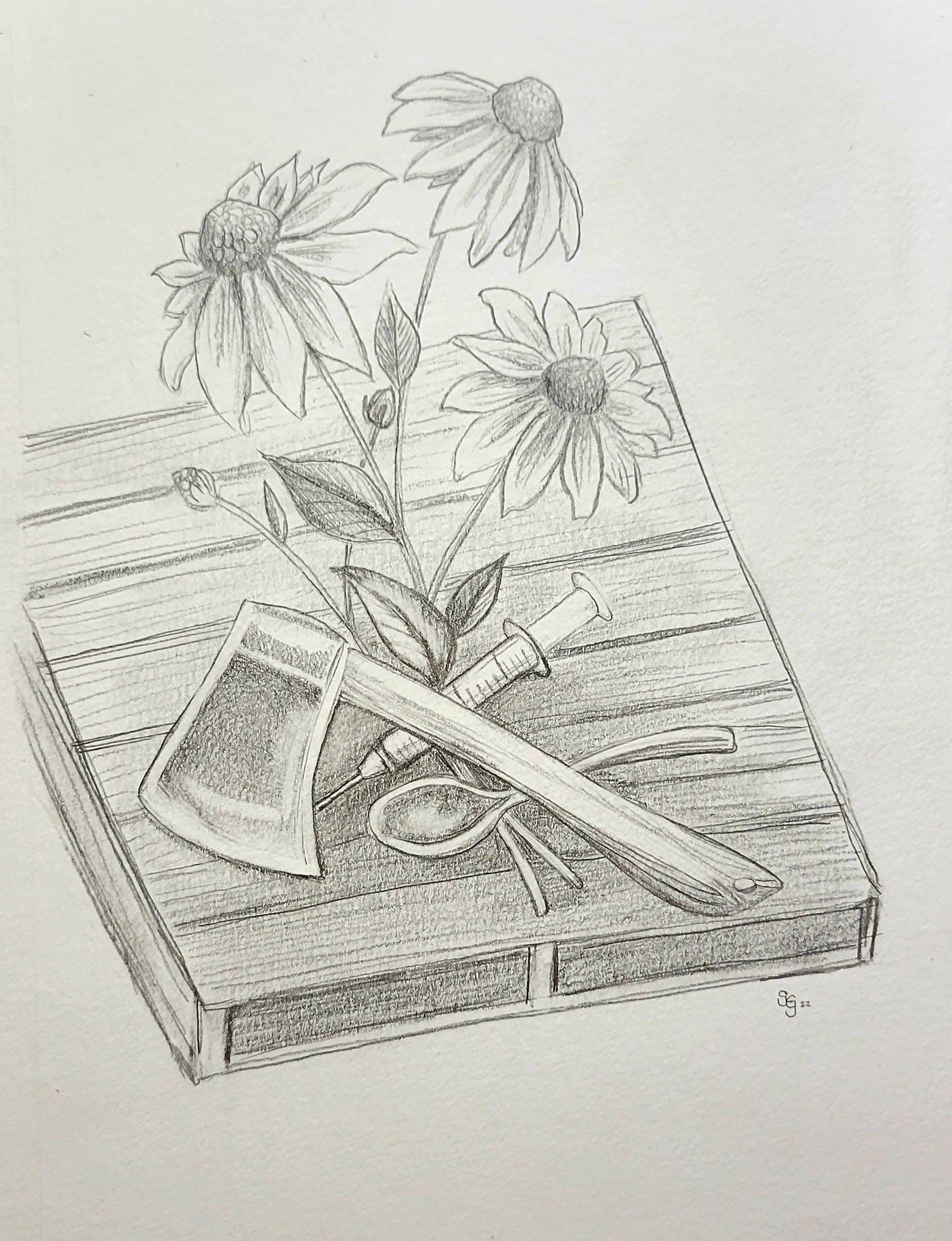 Sarah's episode doodle, ft. an axe, a pallet, and Black-Eyed Susans (the state flower of Maryland)