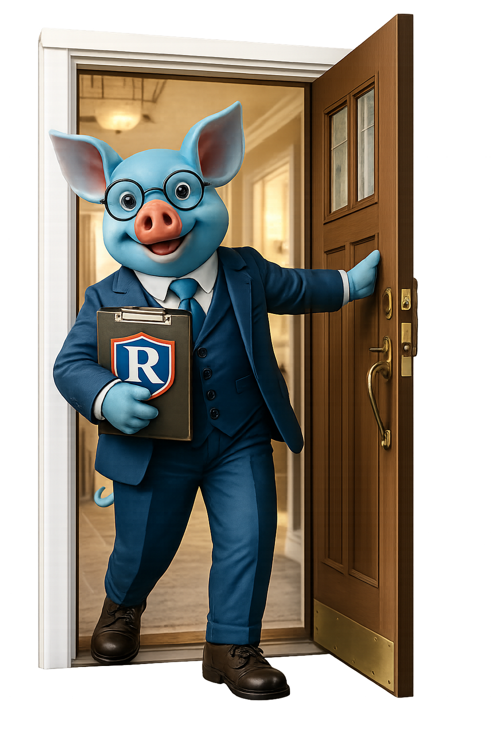 Reliable Insurance Brokers home insurance mascot at front door