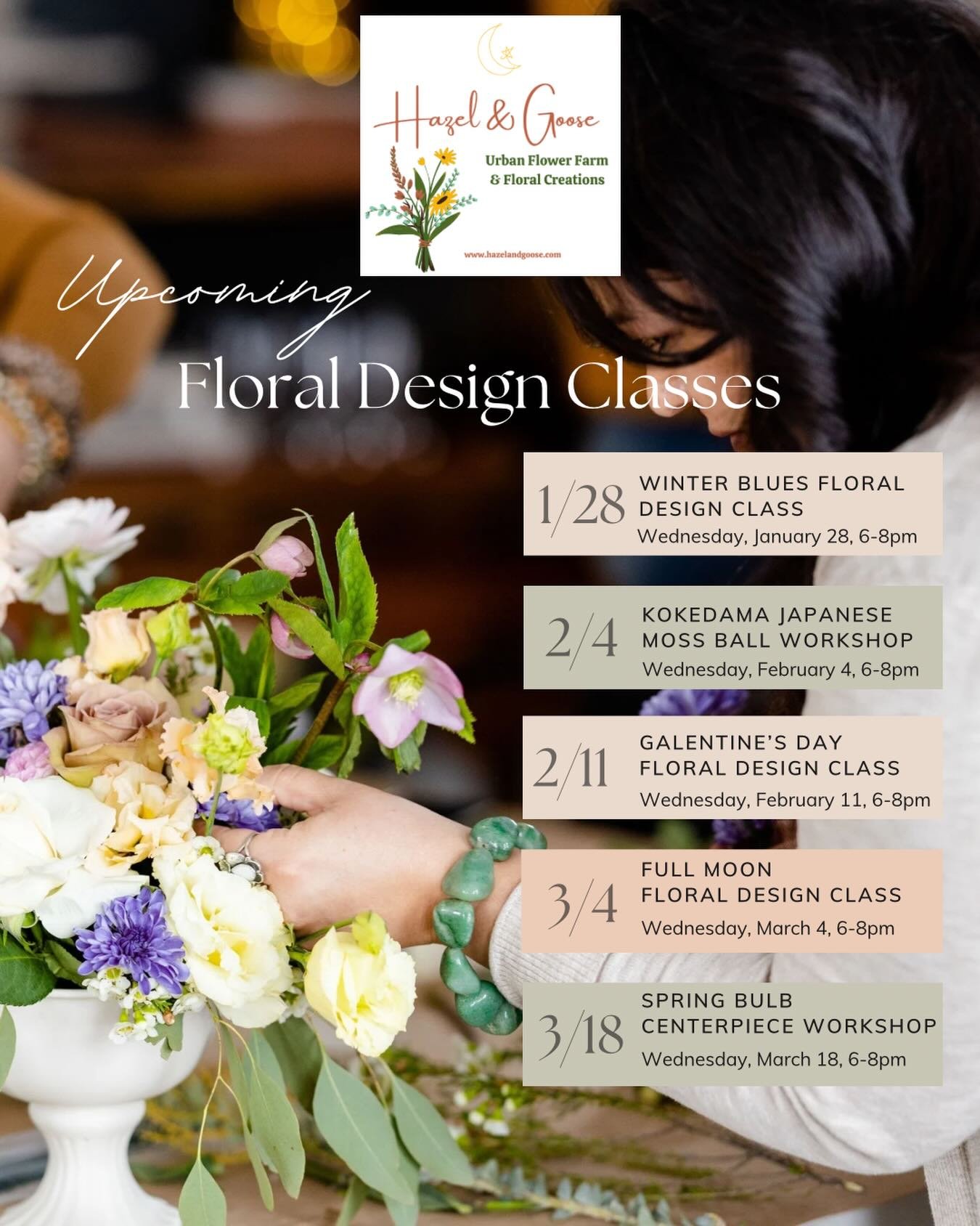 Join us for our upcoming floral design classes! Hands-on, creative, and the perfect way to gather, unwind, and play with flowers. Dates are filling fast, grab your spot! 💐 ✨ 
www.hazelandgoose.com/classes
.
.
.
#designwithme #floraldesignclass #play