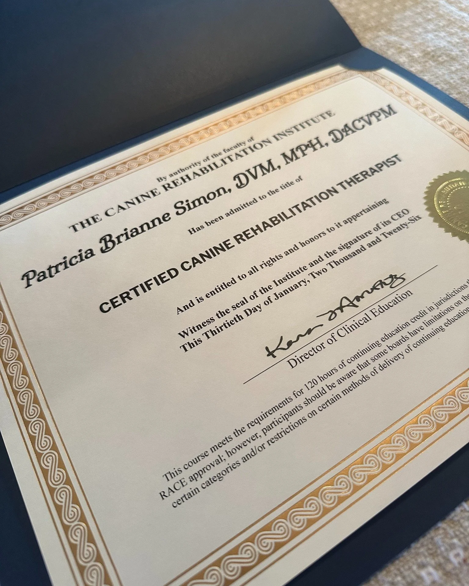 Ooo BABY, this announcement has been a long time coming: 
Our Dr. Simon is officially a Certified Canine Rehabilitation Therapist (CCRT)! 🎉🐾

The journey included extensive online coursework, multiple trips to Missouri for hands-on labs, a 40-hour 