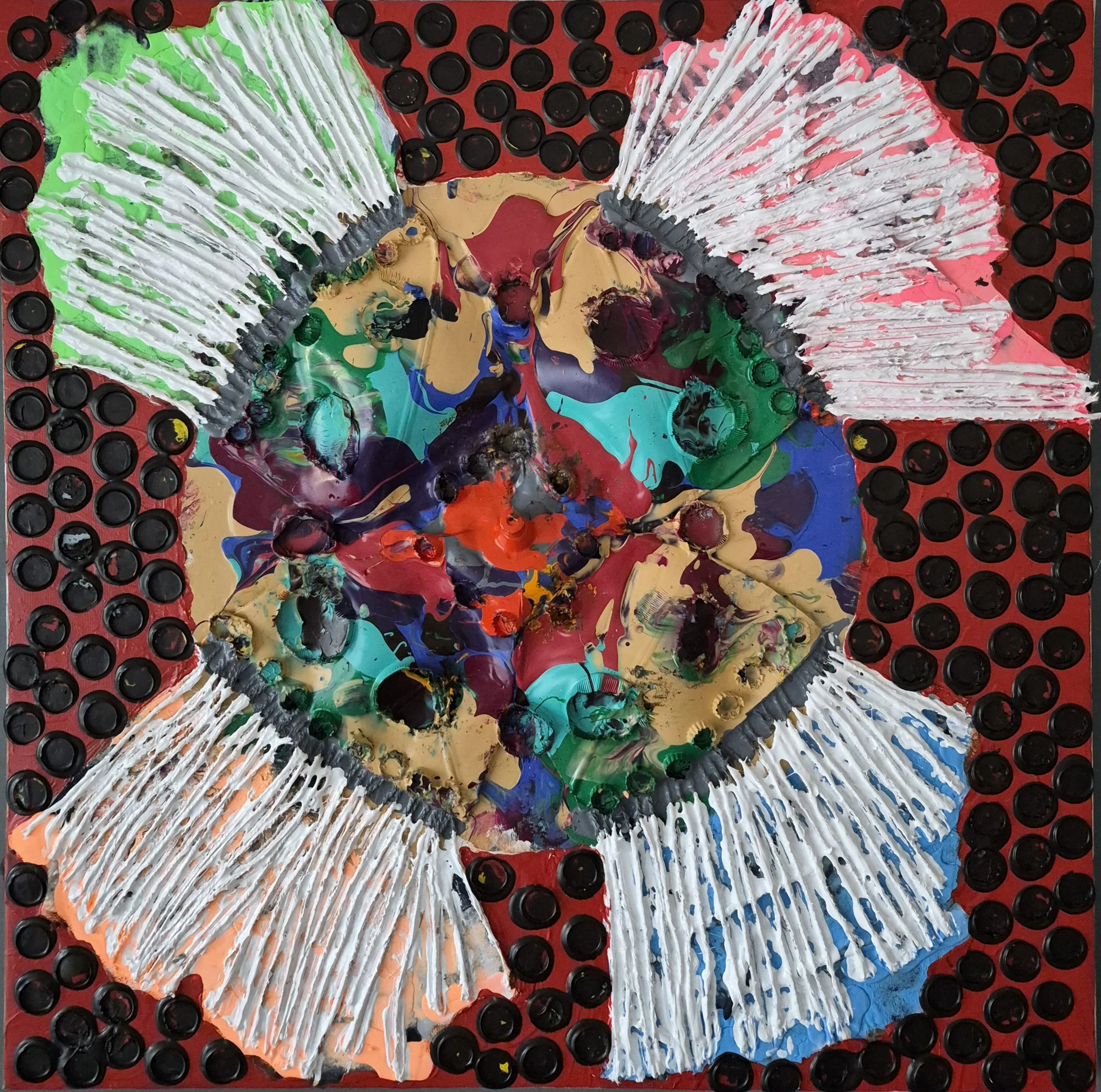 Kiss from a Rose No. 1 (2026) | 22" x 22" | Acrylic on Linen + Media on Tarp | J. Bonegard | Reference: Kiss from a Rose - SEAL | Album Production (1994) | Song Writer - SEAL