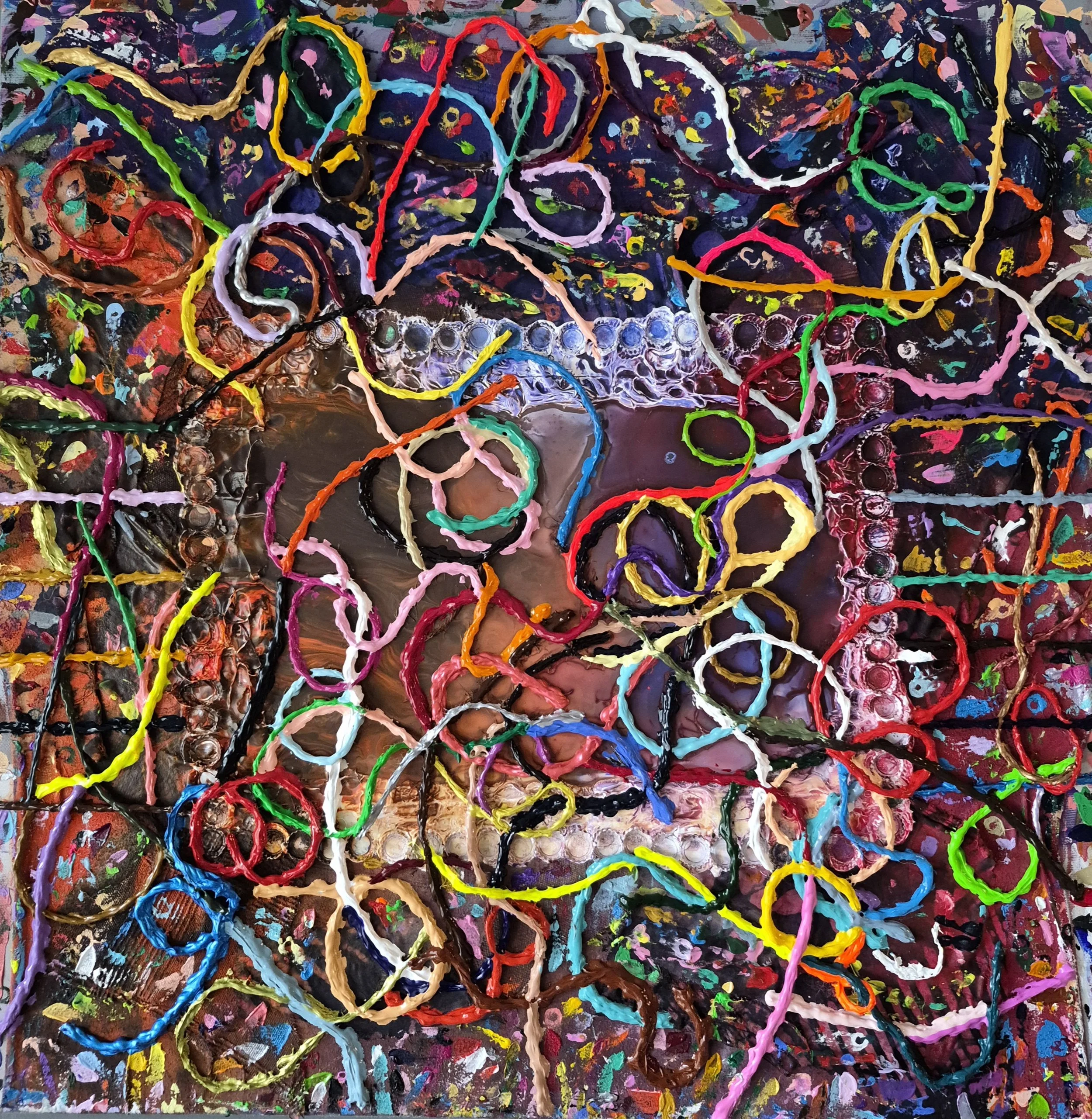 Recipe for Happiness No. 1 (2026) | 22" x 22" | Acrylic on Linen + Mixed Media on Canvas | J. Bonegard | Reference: Original Quotation:  “Happiness has a simple recipe. Cherish your dearest, welcome your nearest, admire the simplest, honor the little