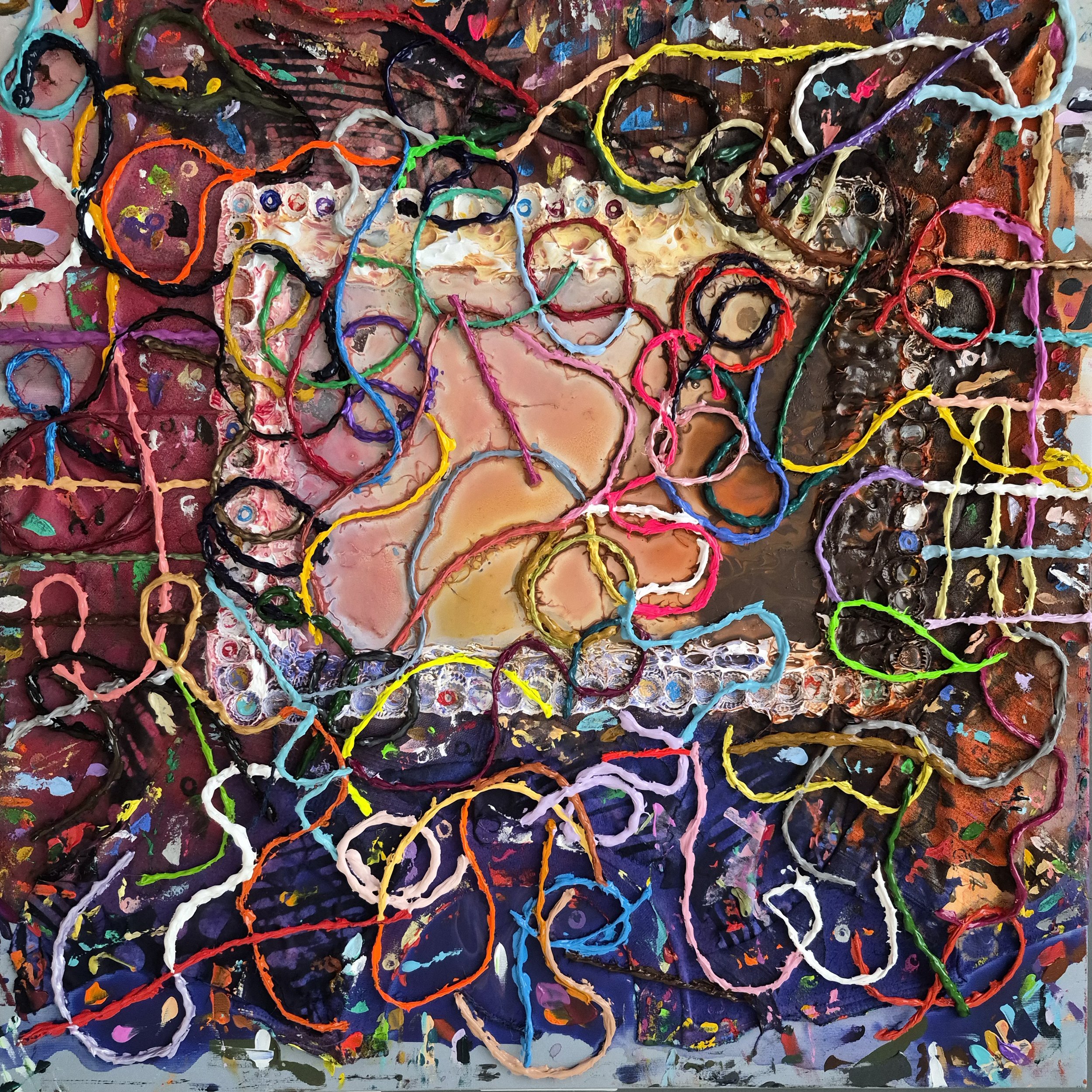 Recipe for Happiness No. 2 (2026) | 22" x 22" | Acrylic on Linen + Mixed Media on Canvas | J. Bonegard | Reference: Original Quotation:  “Happiness has a simple recipe. Cherish your dearest, welcome your nearest, admire the simplest, honor the little