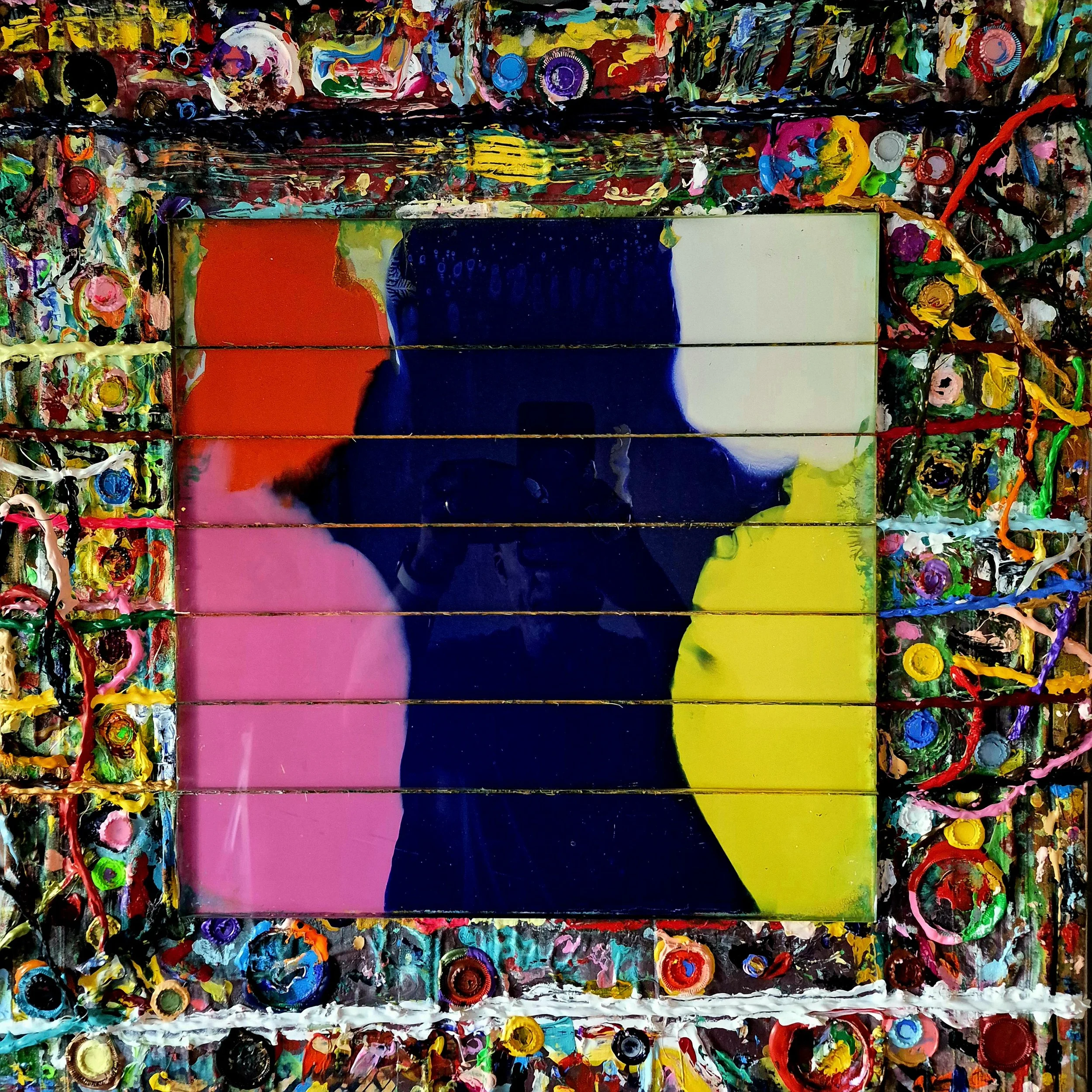 No Sad Eyes No. 2 (2026) | 22" x 22" | Acrylic on Linen + Media on Tarp | J. Bonegard | Reference: True Colors - Cyndi Lauper | Album Production (1986) | Song Writer - Anne Murray