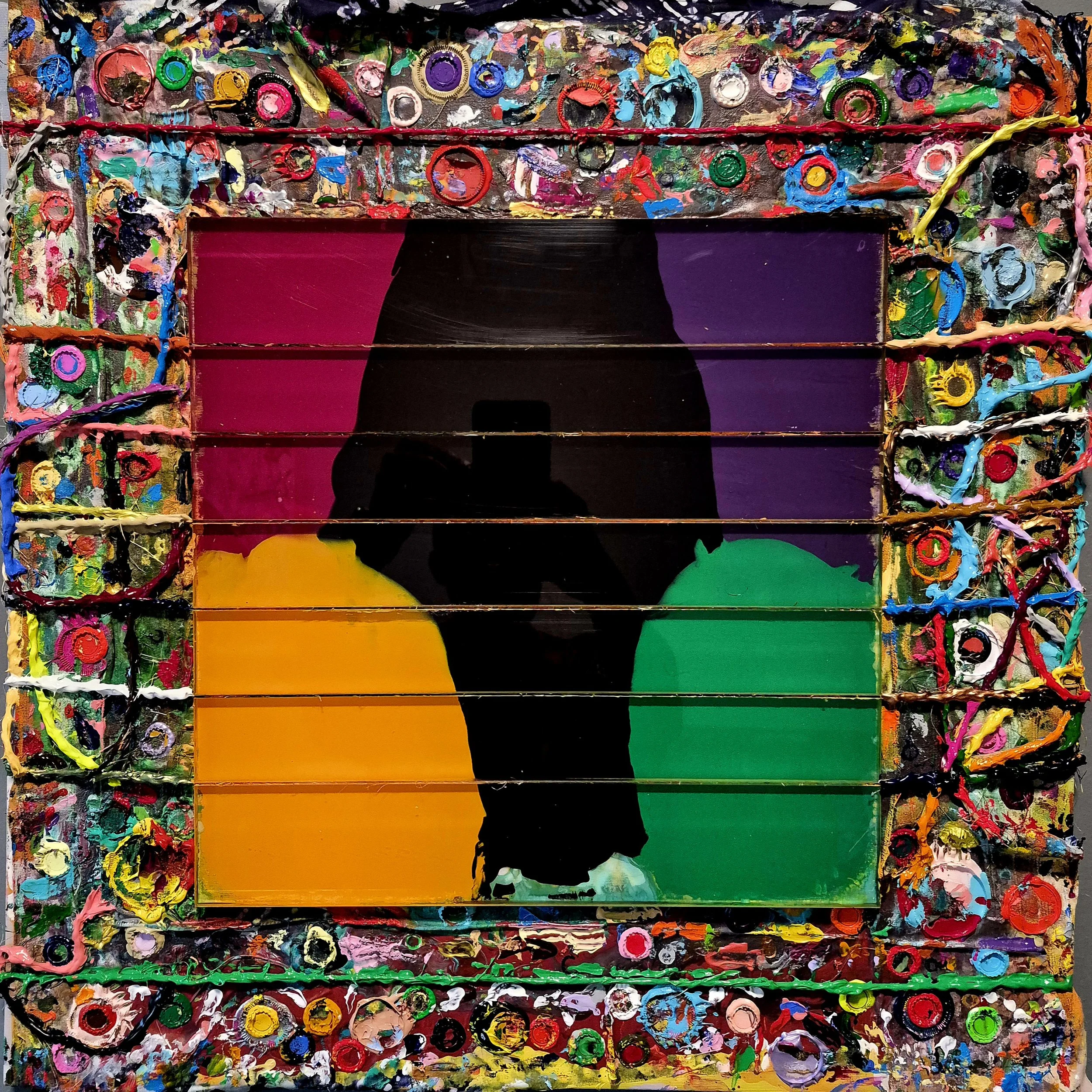 No Sad Eyes No. 1 (2026) | 22" x 22" | Acrylic on Linen + Media on Tarp | J. Bonegard | Reference: True Colors - Cyndi Lauper | Album Production (1986) | Song Writer - Anne Murray