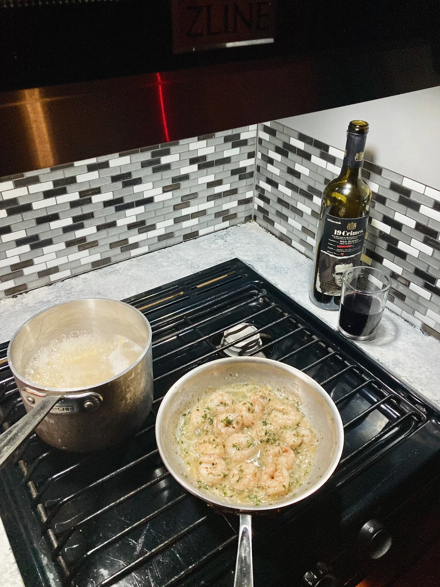 Shrimp Fra Diavolo in the bus at a rest stop.  Cheers!