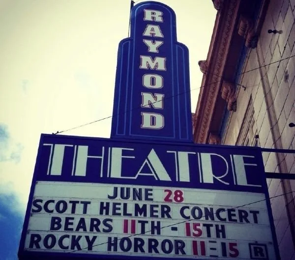 Scott Helmer's name displayed on the Historic Raymond Theatre marquee before his June 28, 2014 benefit concert in Raymond, Washington.