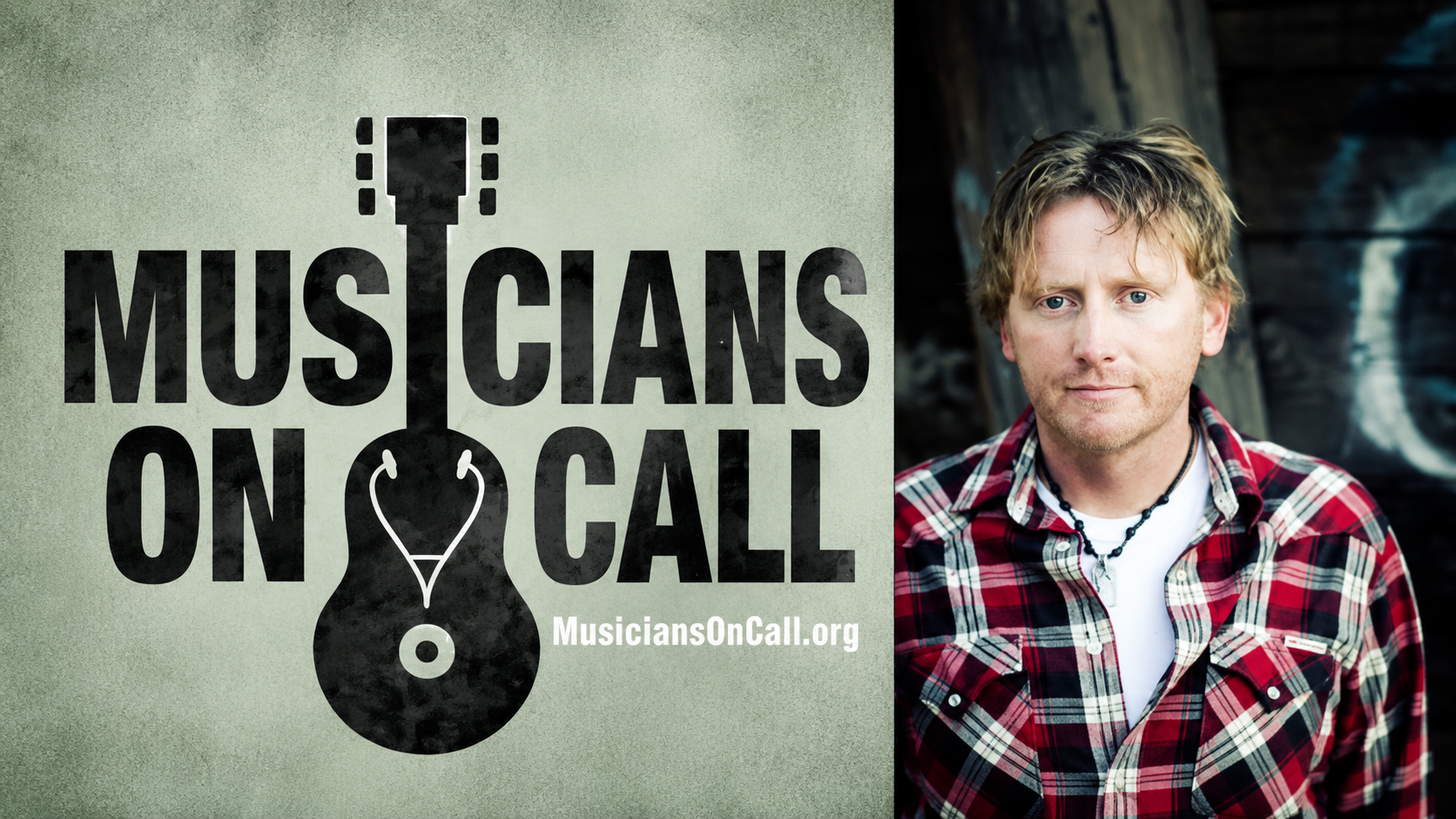 Musicians On Call logo alongside a promotional portrait of American singer-songwriter Scott Helmer.