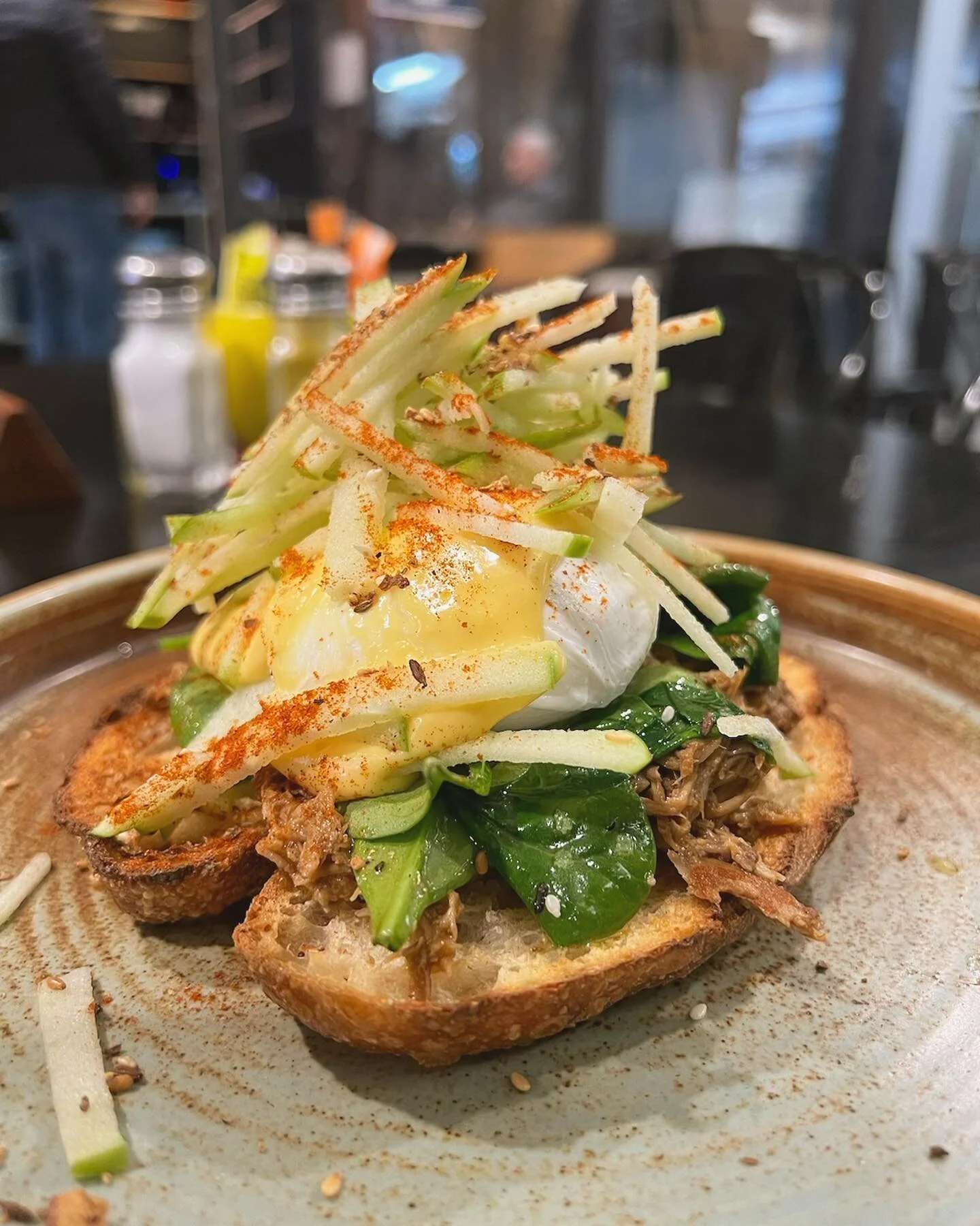 Brace Yourselves&hellip; New Special ! 
House Made Pork Benedict 🤤
Yes please!! 12 Hour slow cooked pork on sourdough served with an egg, spinach, apple &amp; dukkah 🍴
Available all day for Breakfast &amp; Lunch