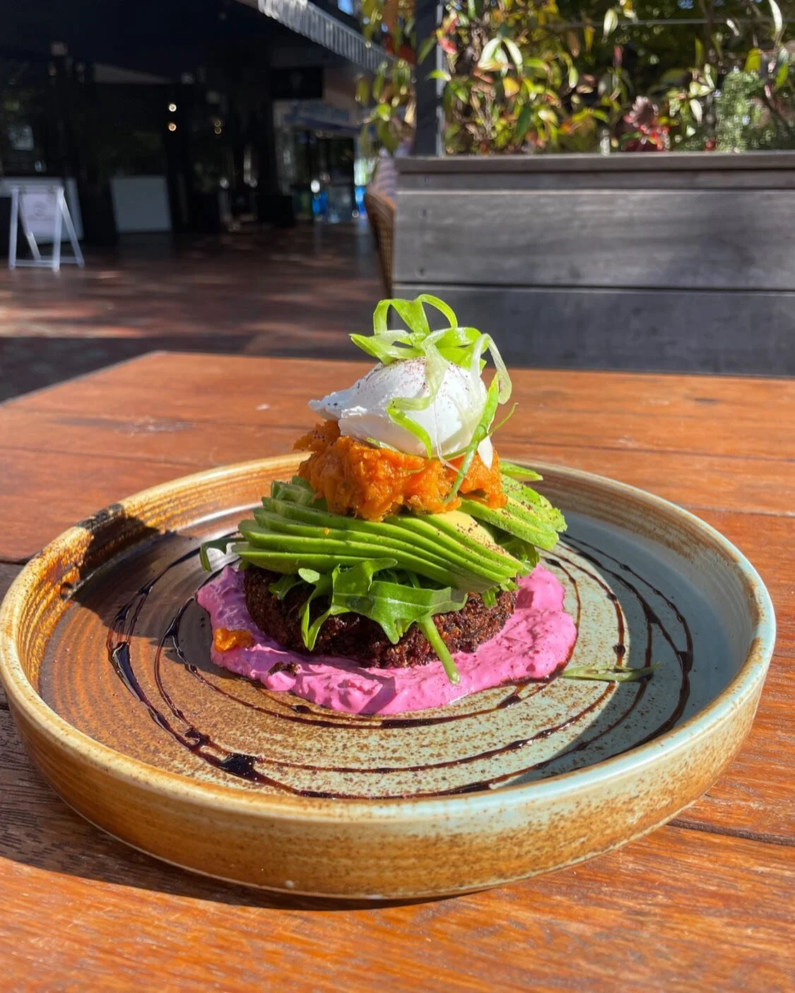 Introducing the Veggie Stack!
Veggie &amp; Quinoa Patty with Beetroot spread, halloumi, balsamic vinaigrette, avocado, sweet potato mash, rocket and a poached egg