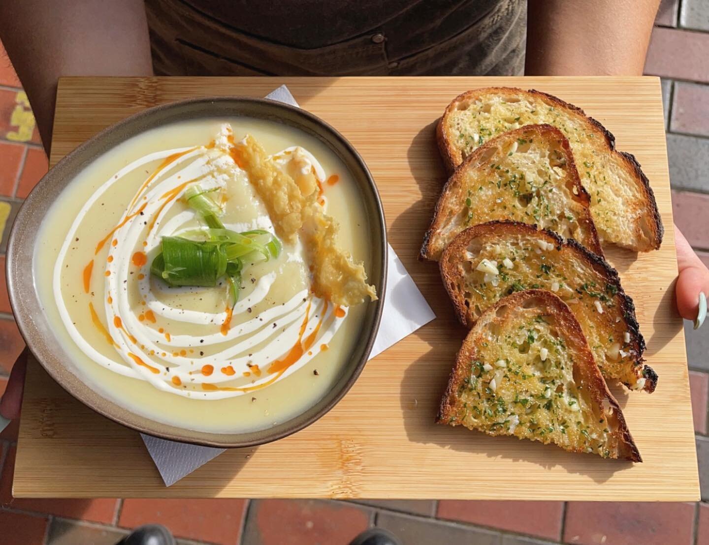 Potato and Leek Soup 
Served with garlic sourdough, parmesan crisp &amp; shallots