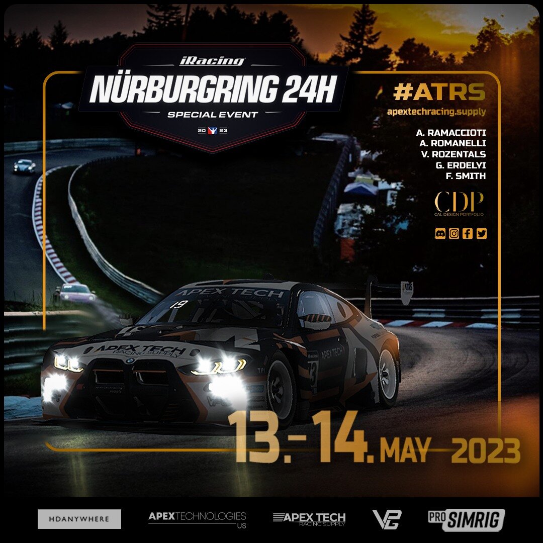 📢🚨N&uuml;rburgring 24H🚨📢

Atrs will be entering a BMW M4 Gt3 in tomorrow's special event on iRacing.

The drivers:

A.Ramaccioti
A.Romanelli
V.Rozentals
G.Erdelyi
F.Smith

RaceSpot will broadcast the race live which you can watch here:
https://ww