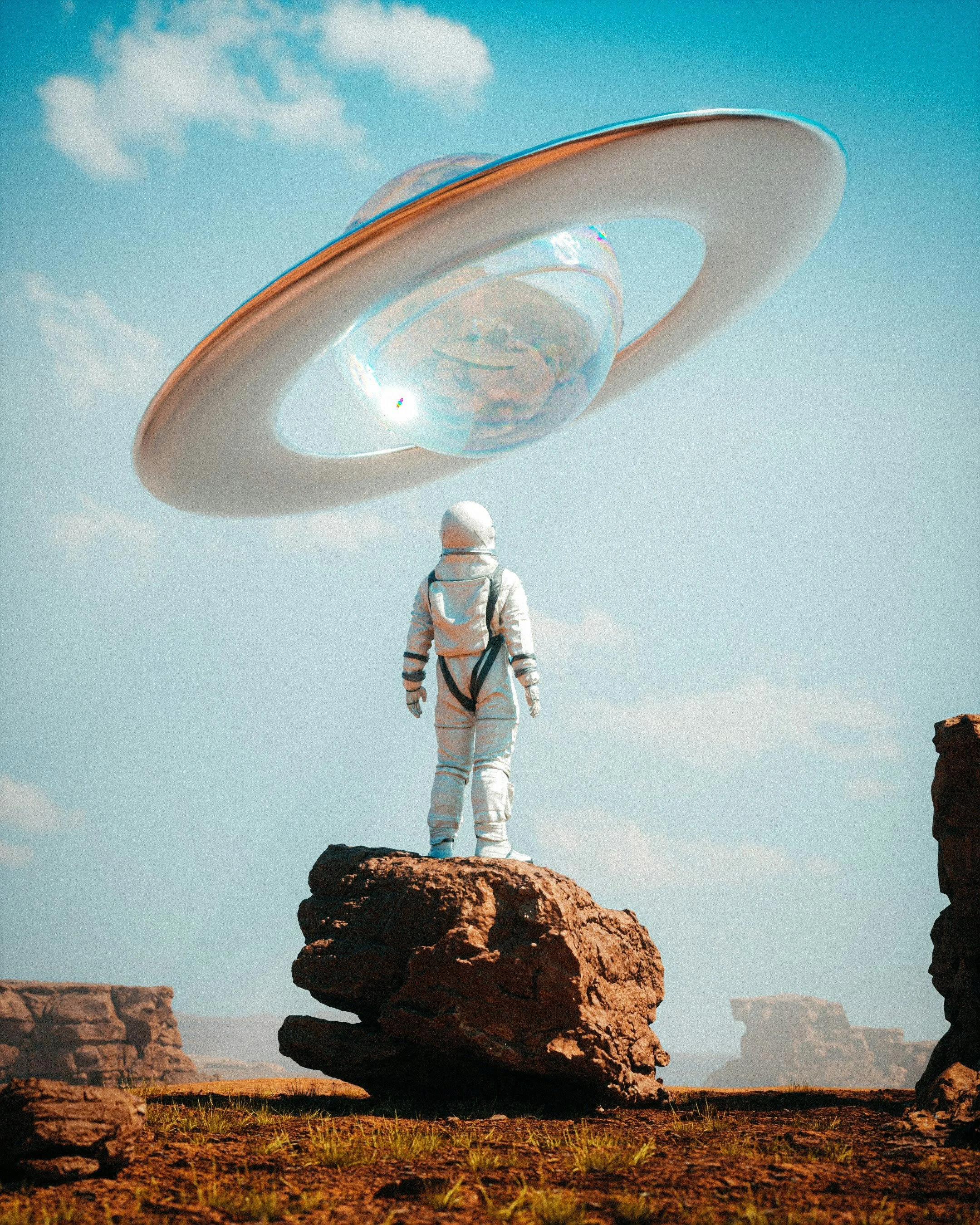 An astronaut standing on a rock formation in a desert landscape, looking at a large, futuristic spaceship hovering above.