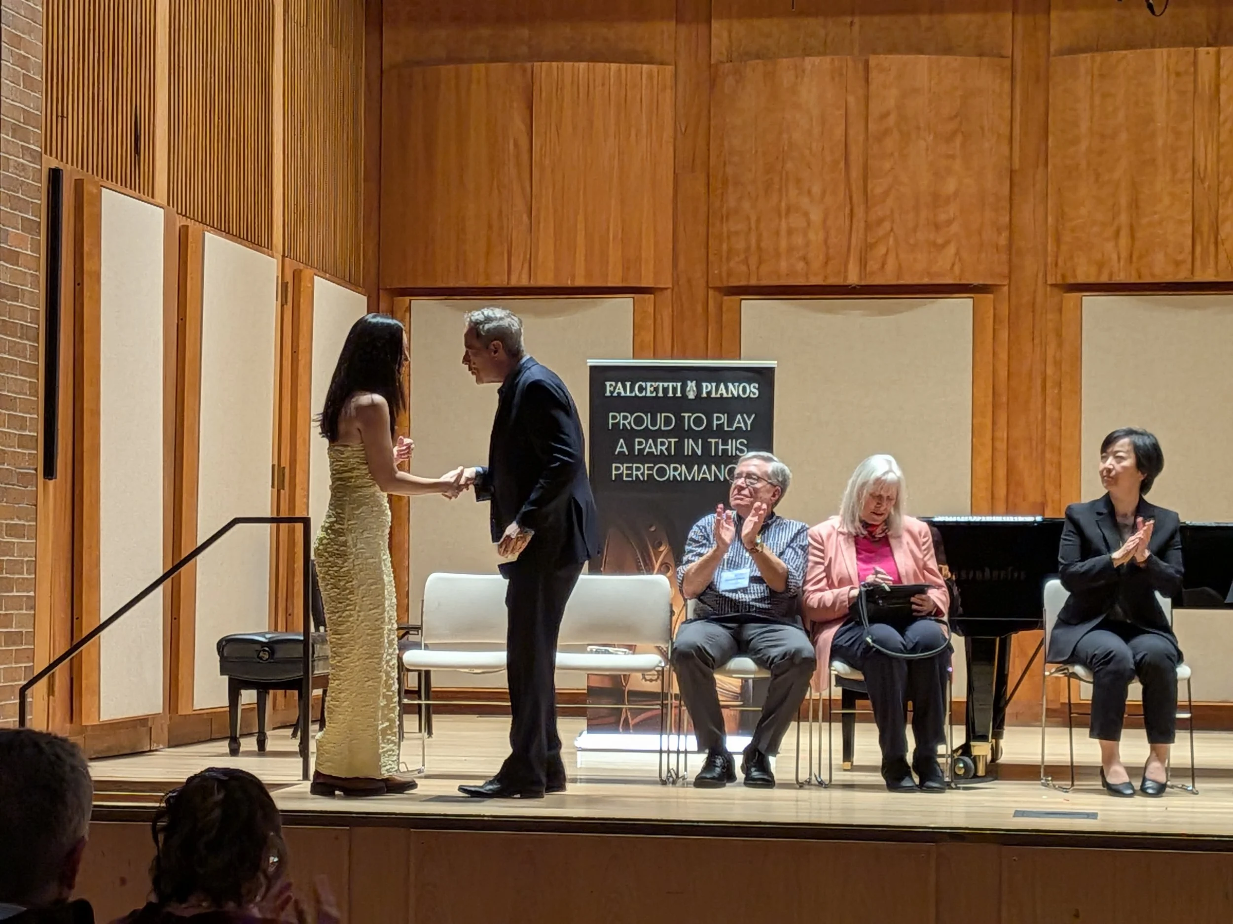 Michael Lewin congratulates Diana Cusano for best classical performance, Beethoven Op 27/1
