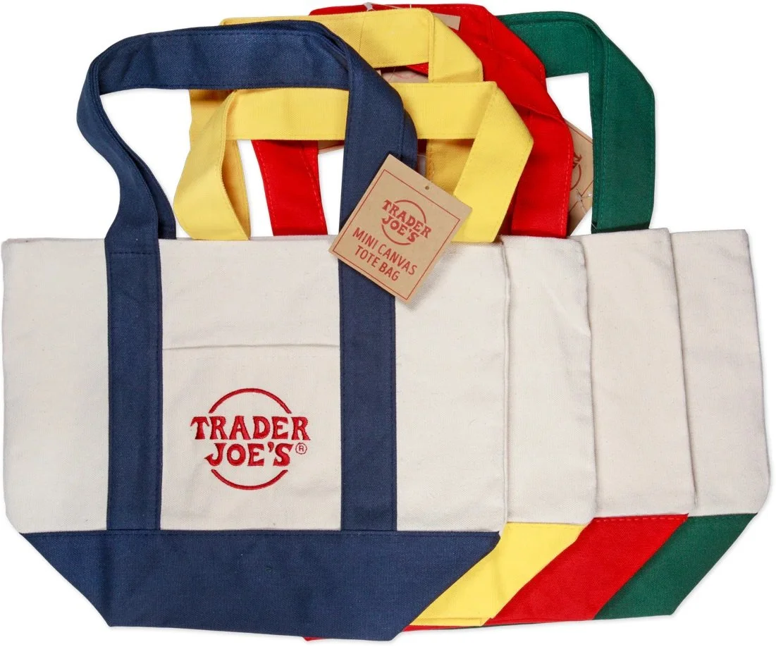 different colors of trader joe's canvas tote bag