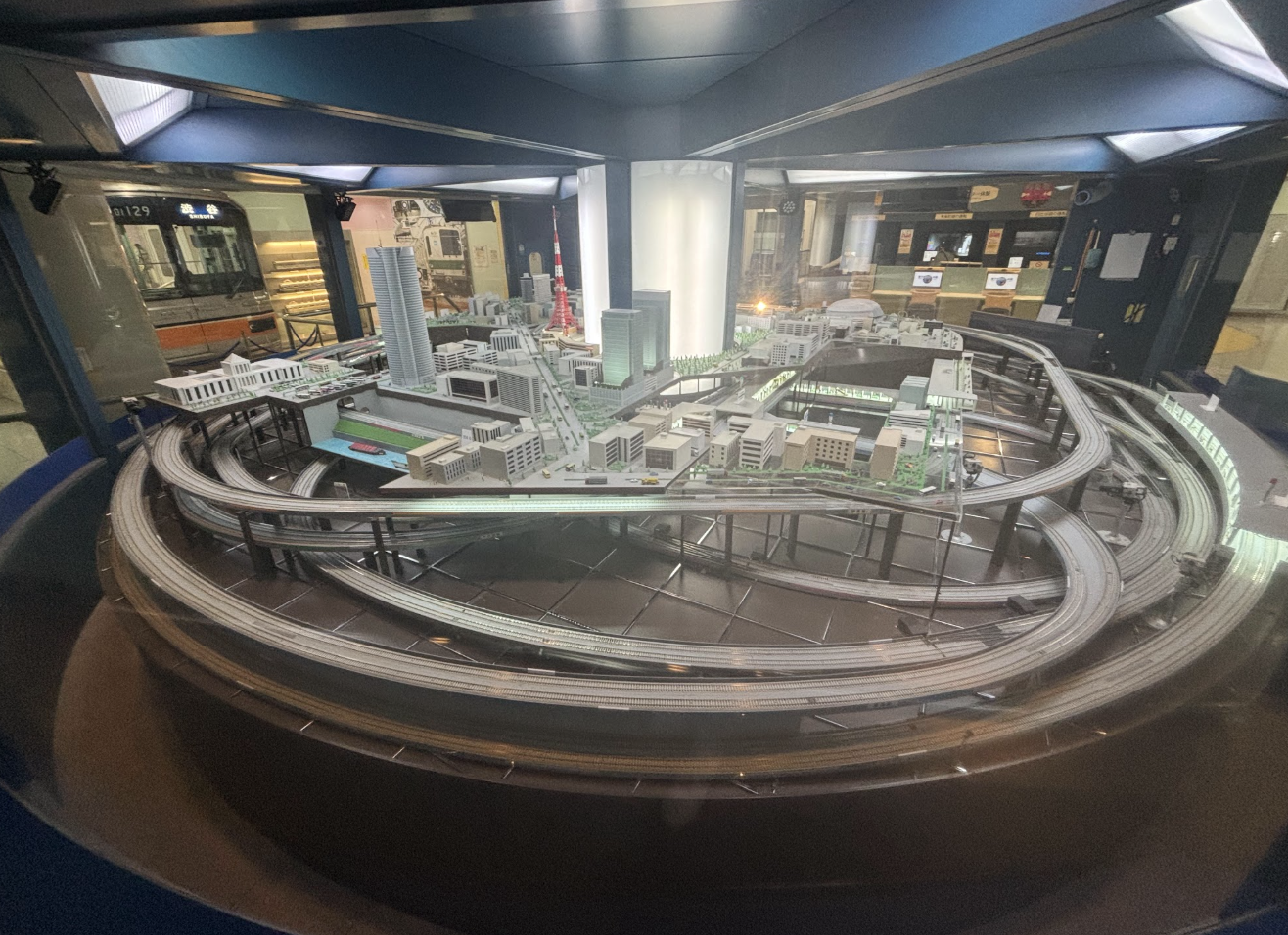 A mini train diorama of Tokyo.