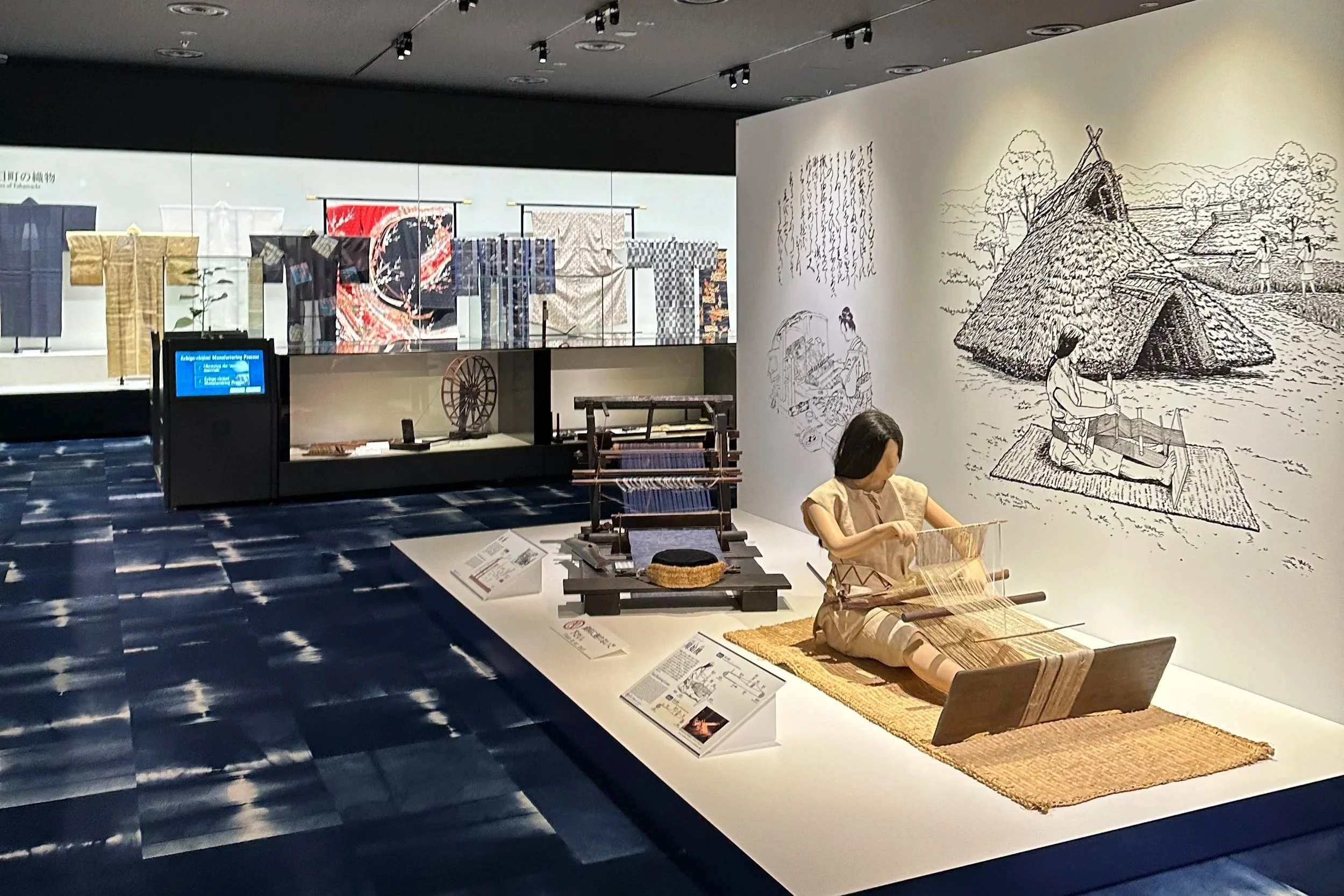 Museum room displaying back strap loom models and several kimonos.