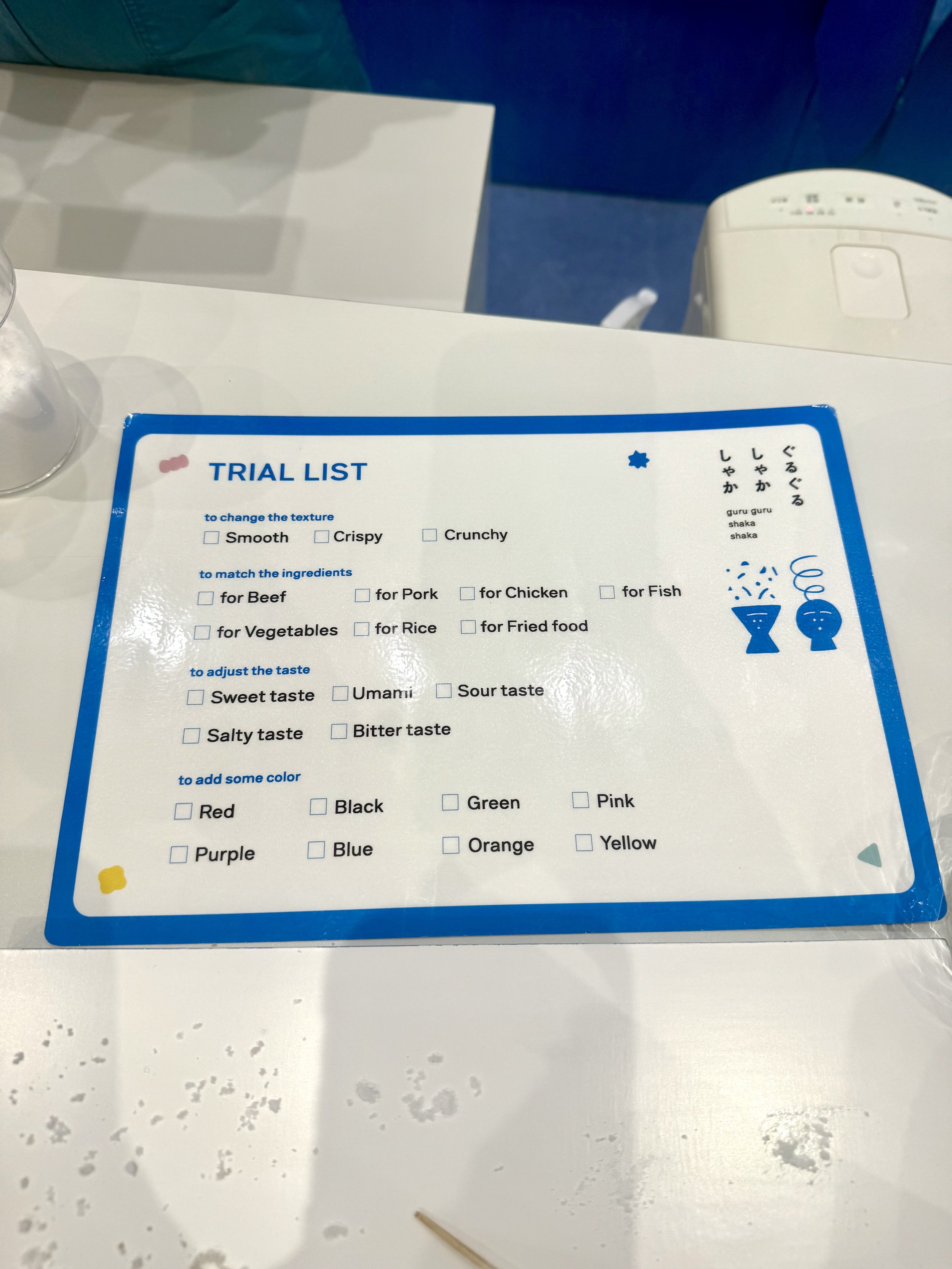 Recipe worksheet used during the Guruguru Shakashaka salt making experience in Tokyo. Visitors customize their salt by selecting the texture, flavor, food pairings, and color before their personalized blend is prepared.