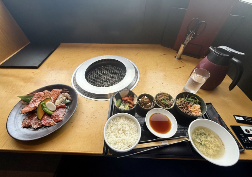 A set meal of Japanese BBQ, with a plate of raw meat, various vegetables, a rice bow, a sauce container and an individual grill.
