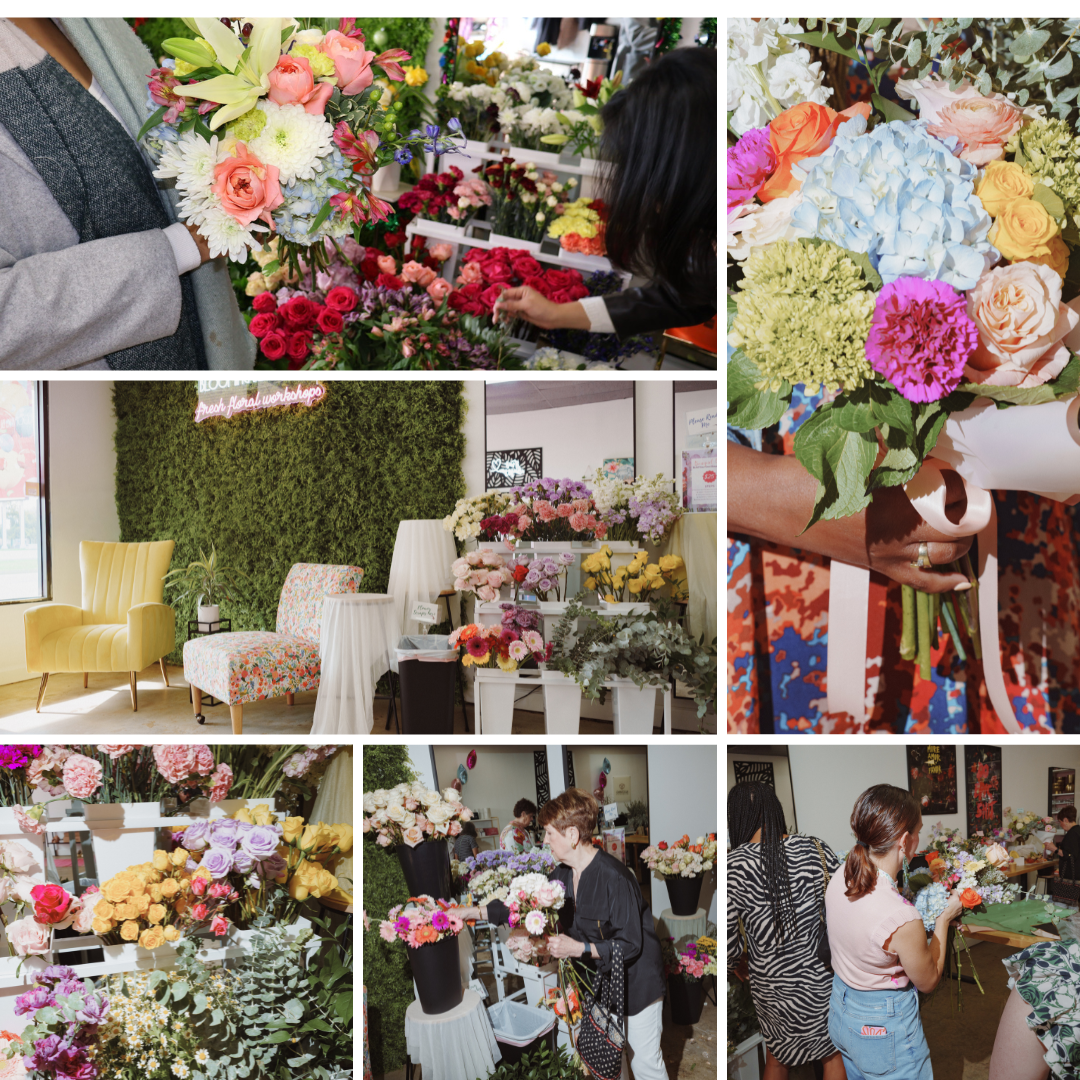 Multiple scenes at a flower shop and workshop. Top left shows a person holding a bouquet of mixed flowers. Top right shows a person holding a wrapped bouquet of various colorful flowers. Middle left shows the seating area with chairs and a green wall with a neon sign that says 'Fresh Floral Workshop.' Middle right shows a display of flower arrangements with roses and other flowers. Bottom left is a close-up of a colorful flower arrangement. Bottom center shows a person picking flowers from a display. Bottom right shows two women working with flower arrangements at a table.