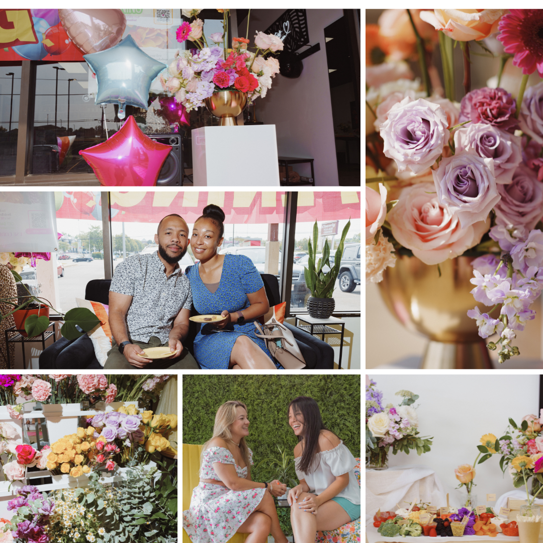 Collage of photos featuring a flower shop, including flower arrangements, customers, and celebration balloons.