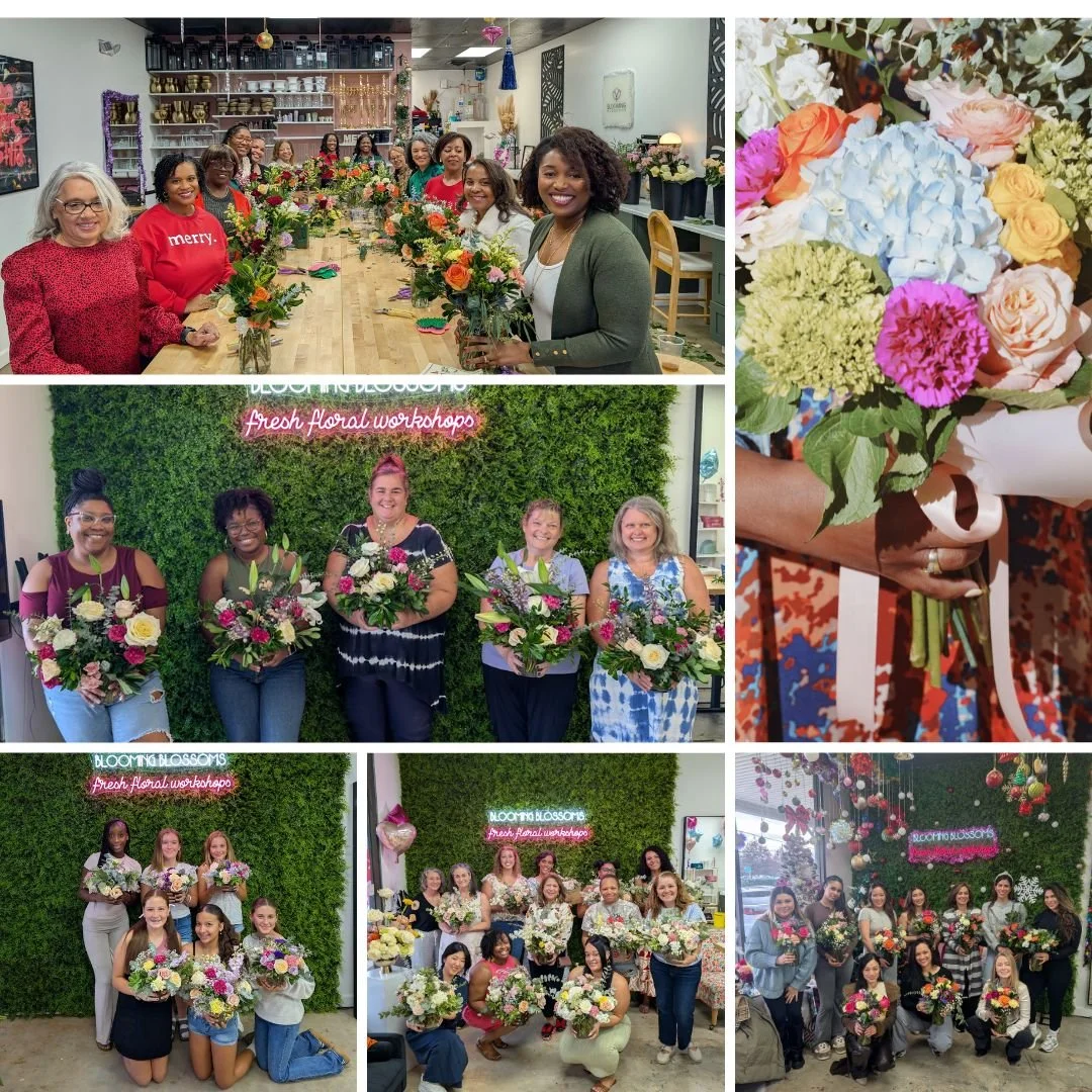 Collage of women participating in a floral workshop, holding bouquets, with floral arrangements and greenery backgrounds.